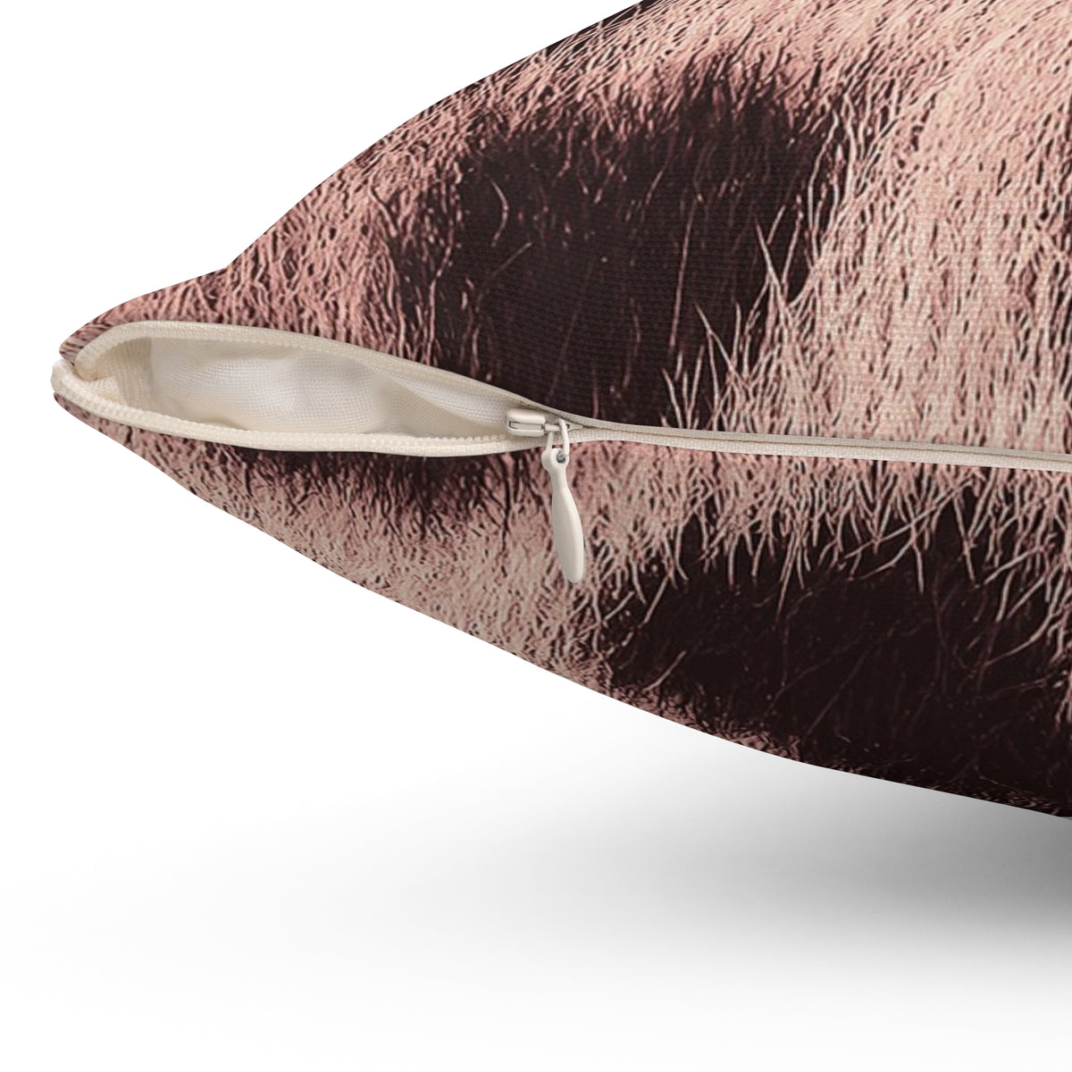 Blush leopard print throw pillow in soft pink — photographic animal markings on a wrap-around cushion