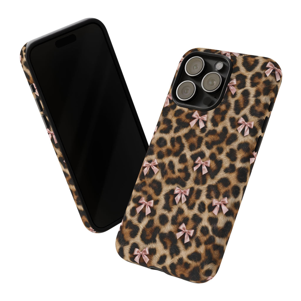 Leopard Print Bow Phone Case - Coquette Pink Ribbon Tough Case for iPhone and Samsung, Real Spot Animal Print