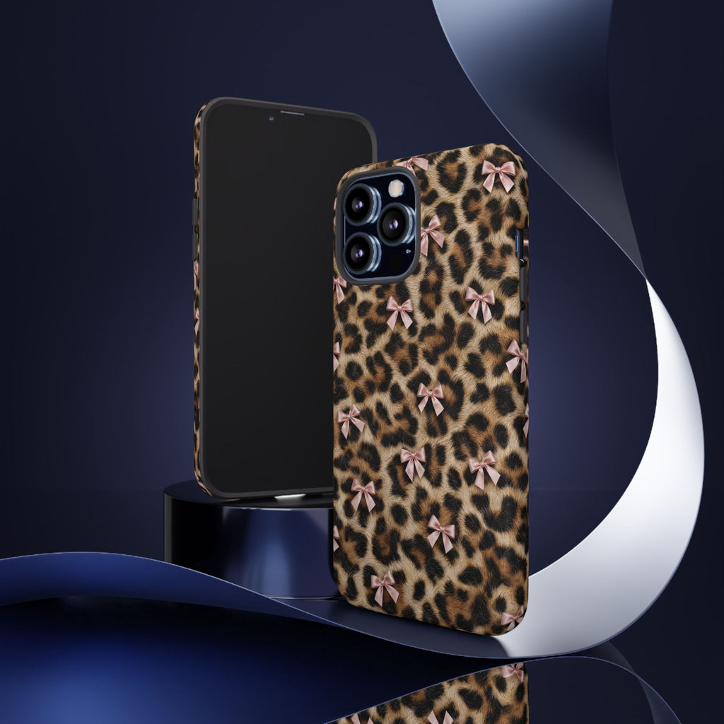 Leopard Print Bow Phone Case - Coquette Pink Ribbon Tough Case for iPhone and Samsung, Real Spot Animal Print