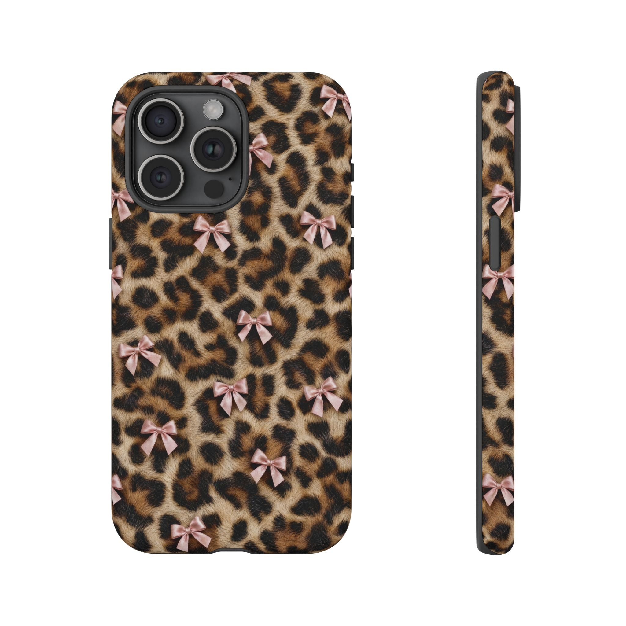 Leopard Print Bow Phone Case - Coquette Pink Ribbon Tough Case for iPhone and Samsung, Real Spot Animal Print