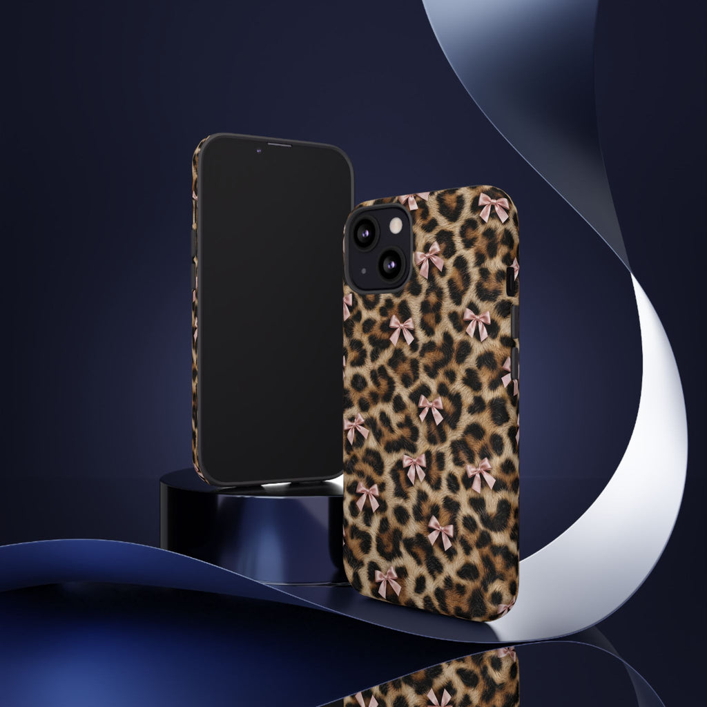 Leopard Print Bow Phone Case - Coquette Pink Ribbon Tough Case for iPhone and Samsung, Real Spot Animal Print