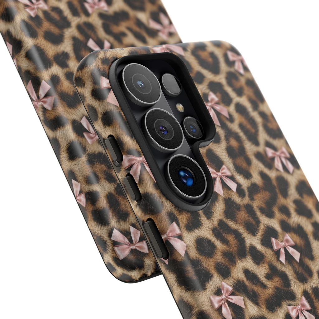 Leopard Print Bow Phone Case - Coquette Pink Ribbon Tough Case for iPhone and Samsung, Real Spot Animal Print