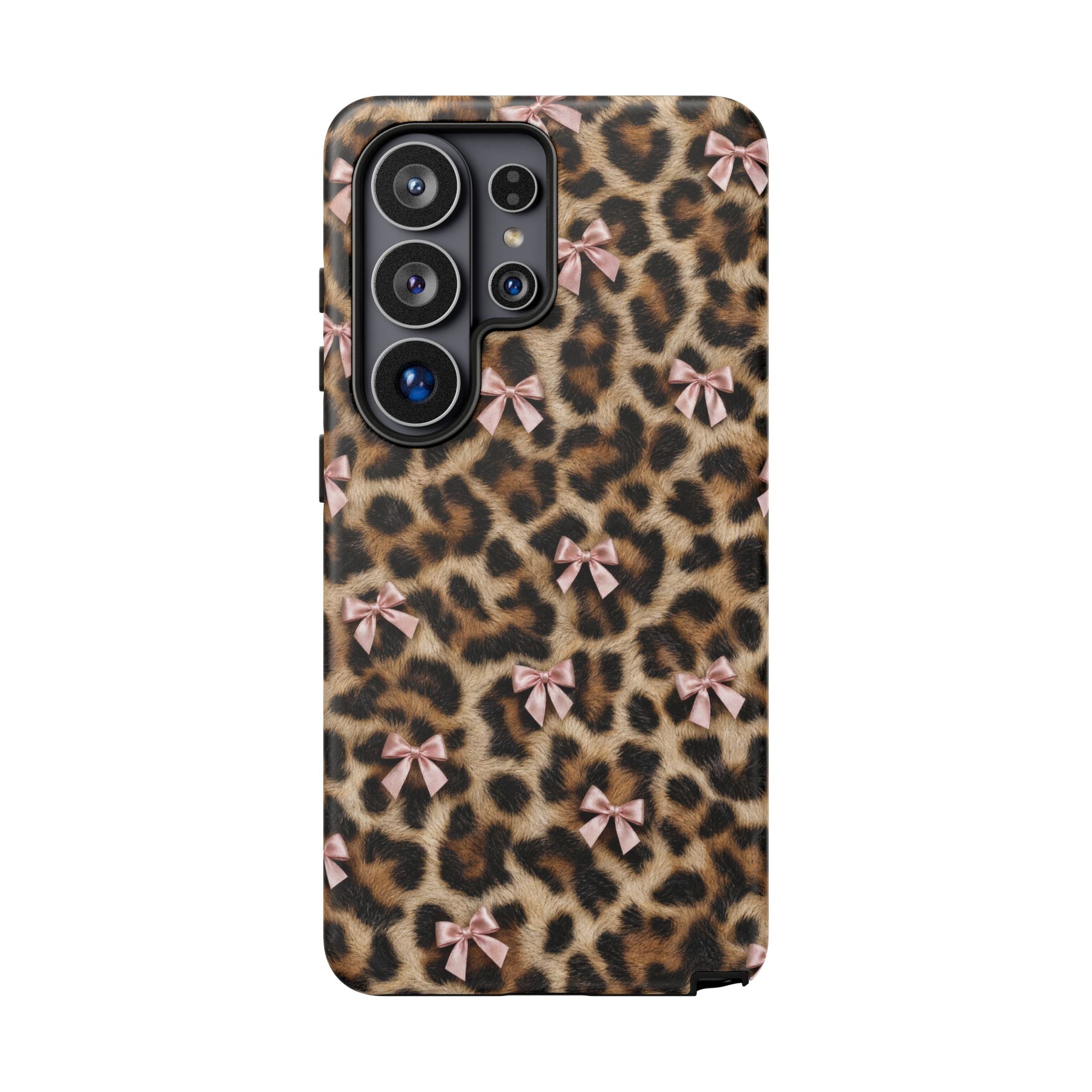 Leopard Print Bow Phone Case - Coquette Pink Ribbon Tough Case for iPhone and Samsung, Real Spot Animal Print