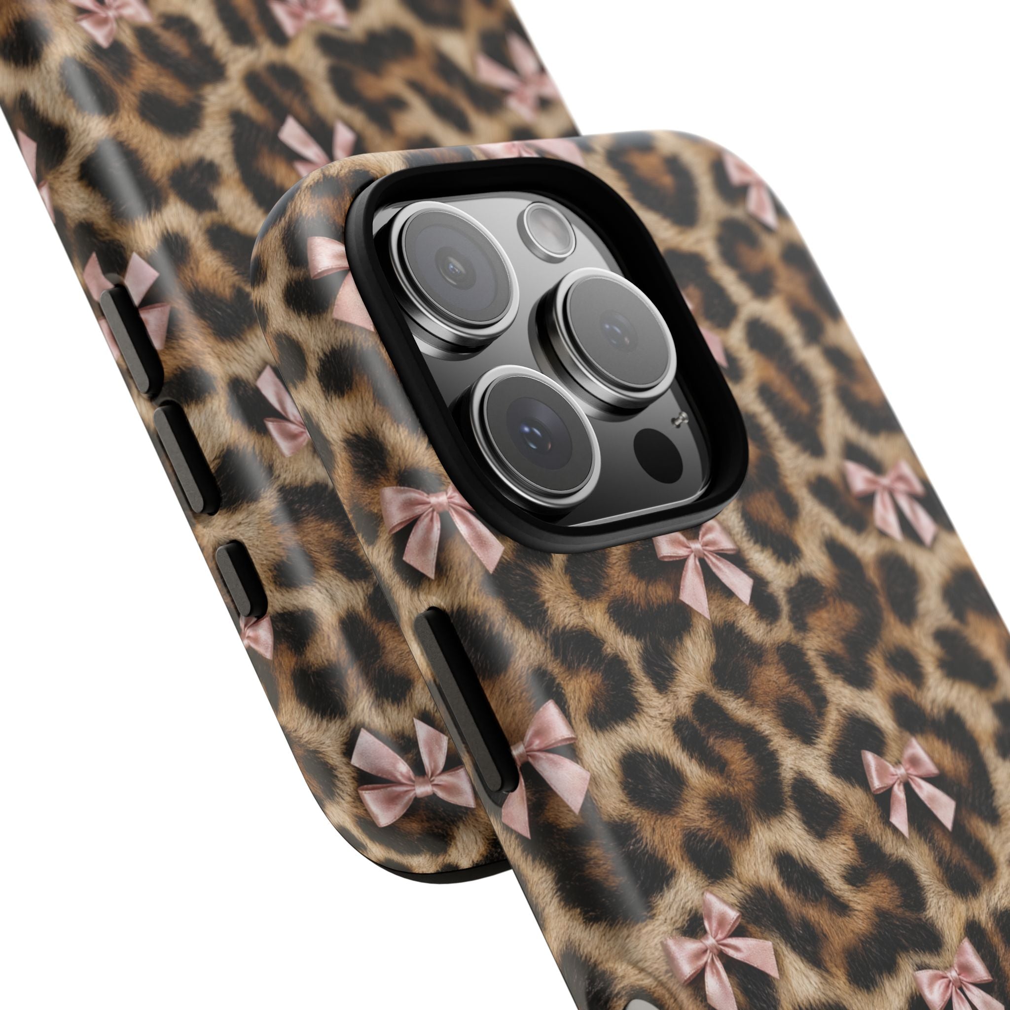 Leopard Print Bow Phone Case - Coquette Pink Ribbon Tough Case for iPhone and Samsung, Real Spot Animal Print