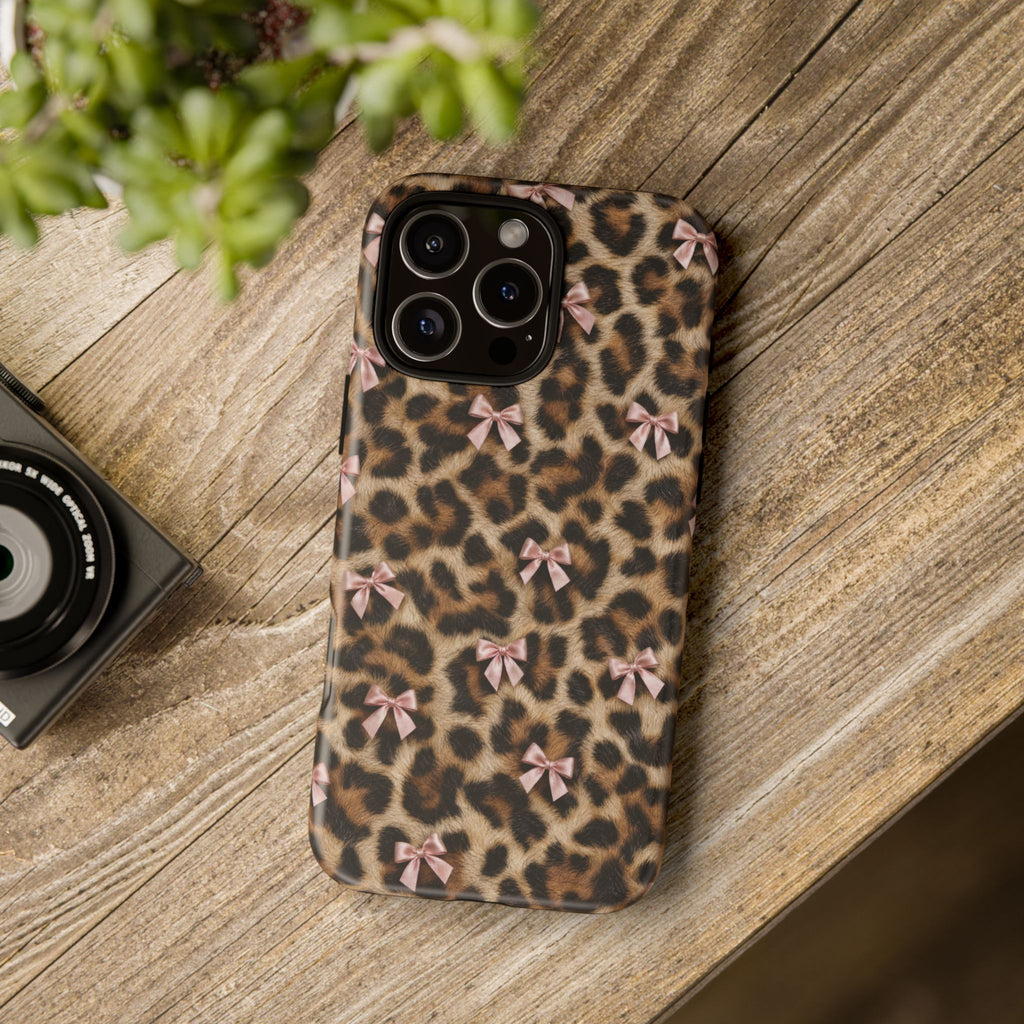 Leopard Print Bow Phone Case - Coquette Pink Ribbon Tough Case for iPhone and Samsung, Real Spot Animal Print
