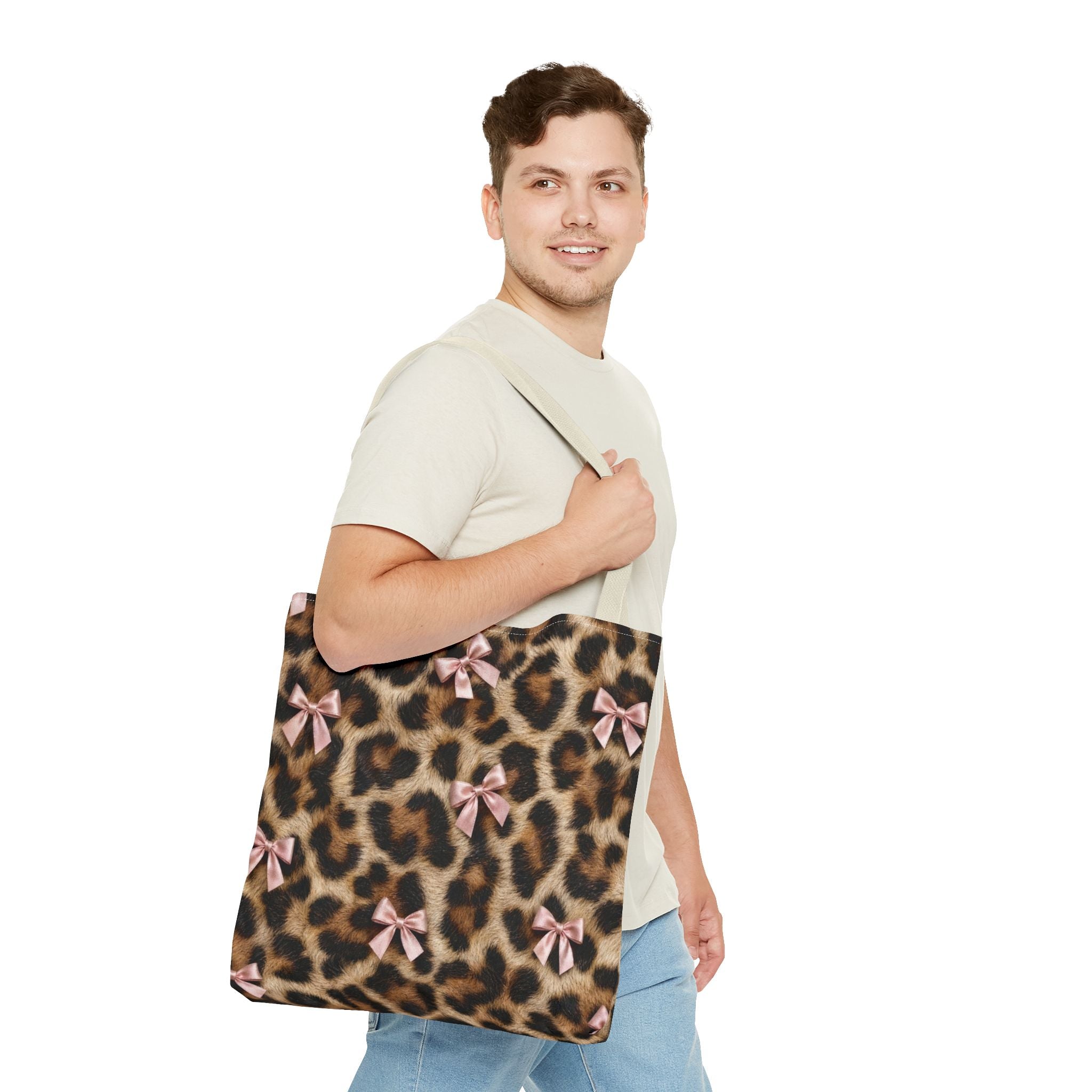 Leopard Print Bow Tote Bag - Coquette Pink Ribbon Canvas Tote, Real Spot Animal Print Shoulder Bag, 3 Sizes