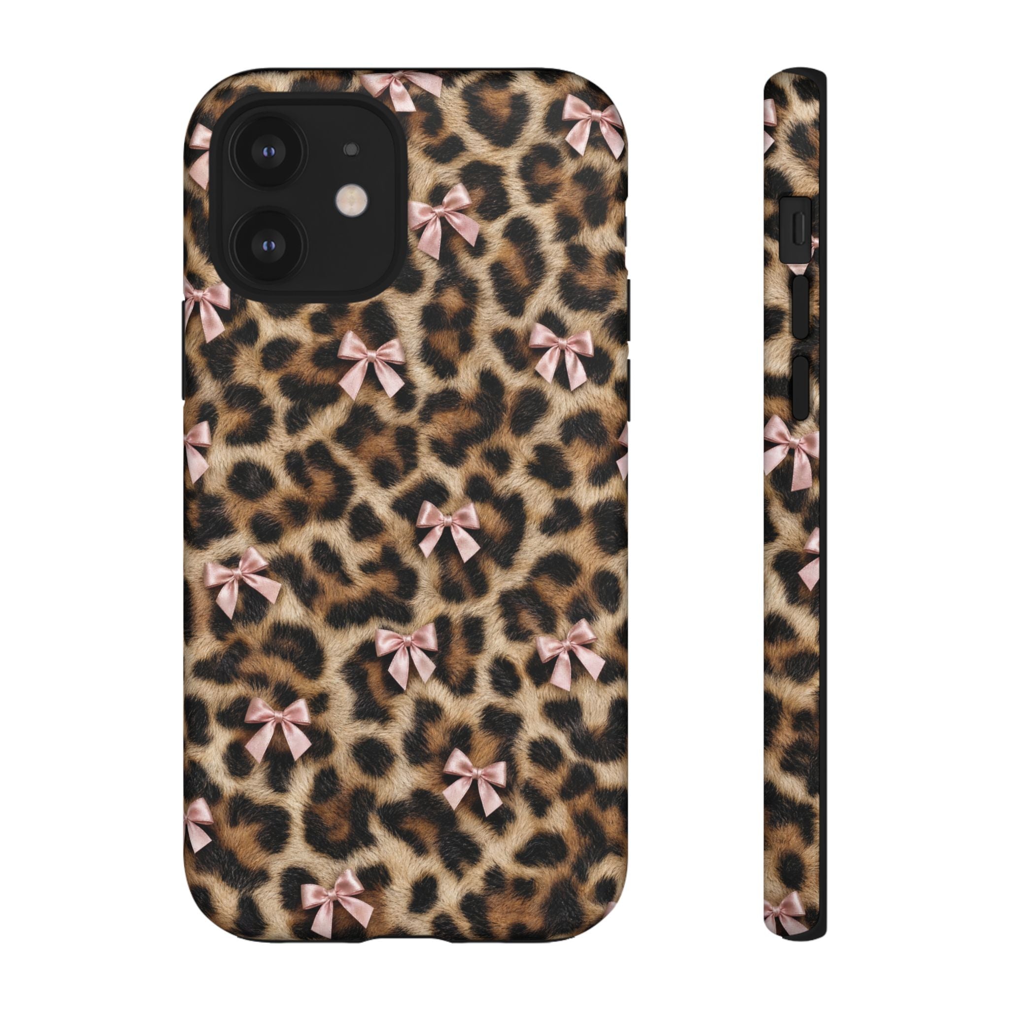 Leopard Print Bow Phone Case - Coquette Pink Ribbon Tough Case for iPhone and Samsung, Real Spot Animal Print