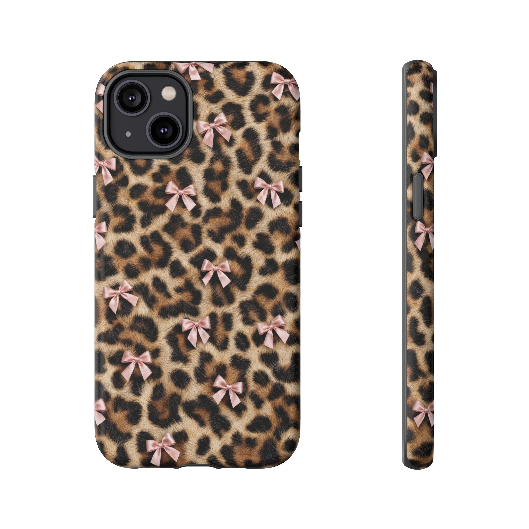 Leopard Print Bow Phone Case - Coquette Pink Ribbon Tough Case for iPhone and Samsung, Real Spot Animal Print