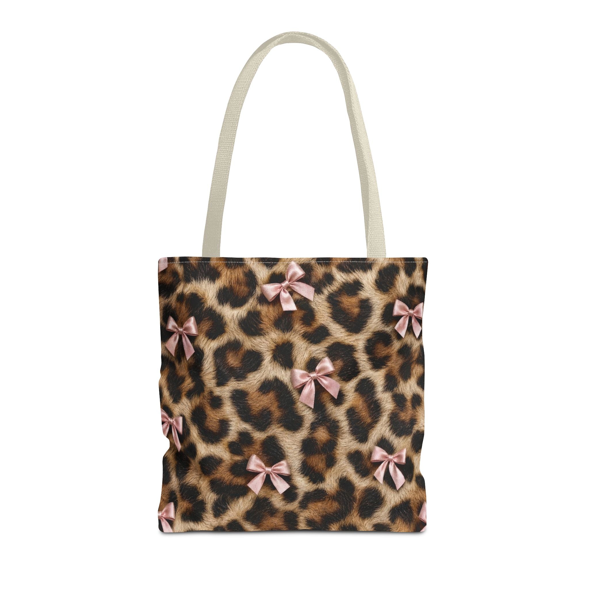 Leopard Print Bow Tote Bag - Coquette Pink Ribbon Canvas Tote, Real Spot Animal Print Shoulder Bag, 3 Sizes