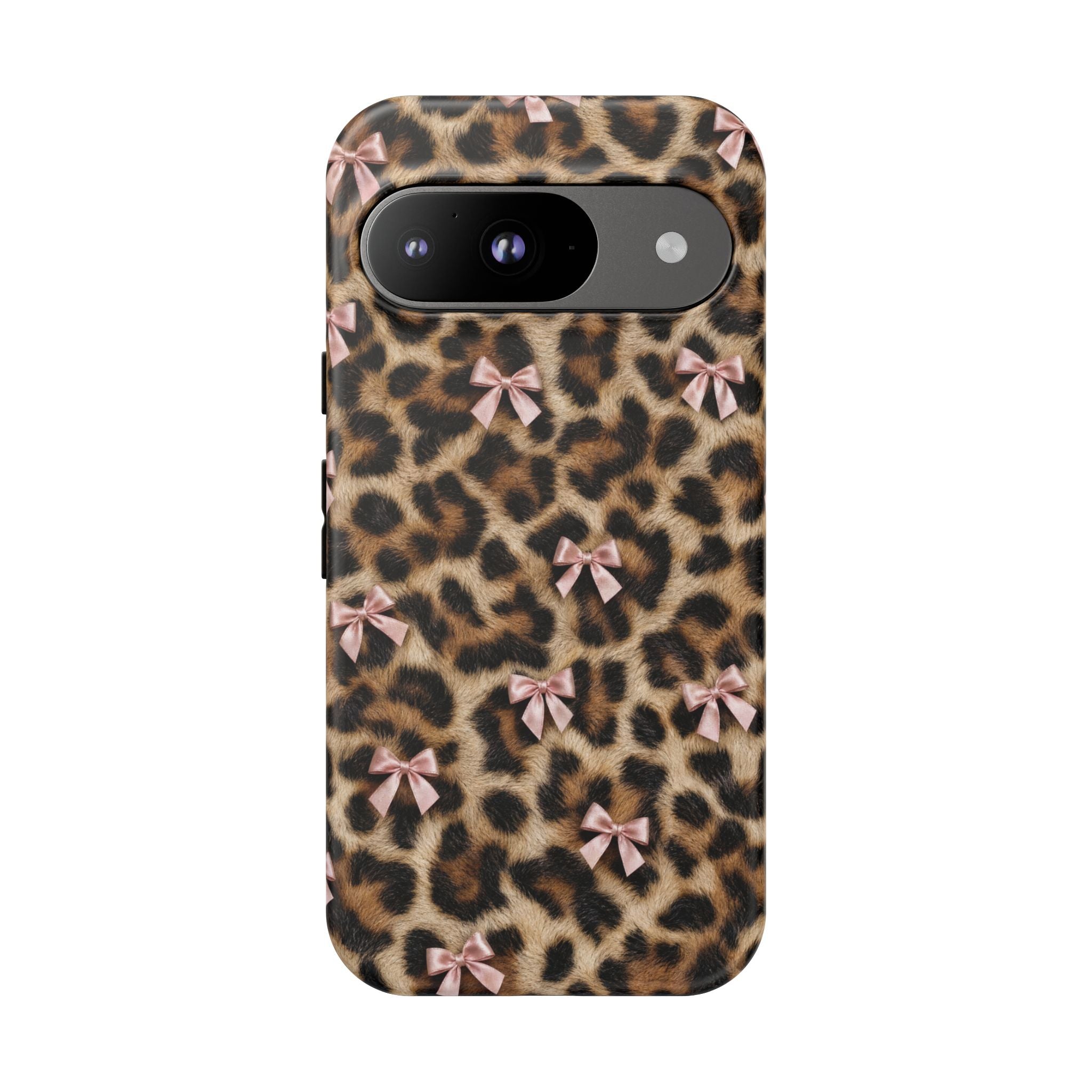 Leopard Print Bow Phone Case - Coquette Pink Ribbon Tough Case for iPhone and Samsung, Real Spot Animal Print