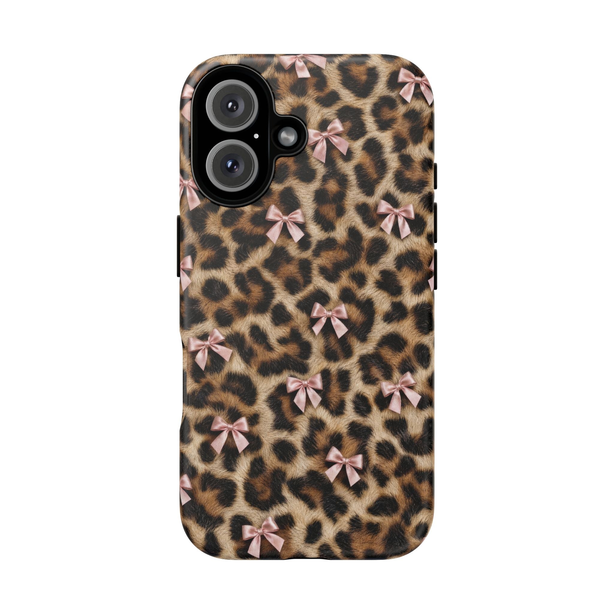 Leopard Print Bow Phone Case - Coquette Pink Ribbon Tough Case for iPhone and Samsung, Real Spot Animal Print