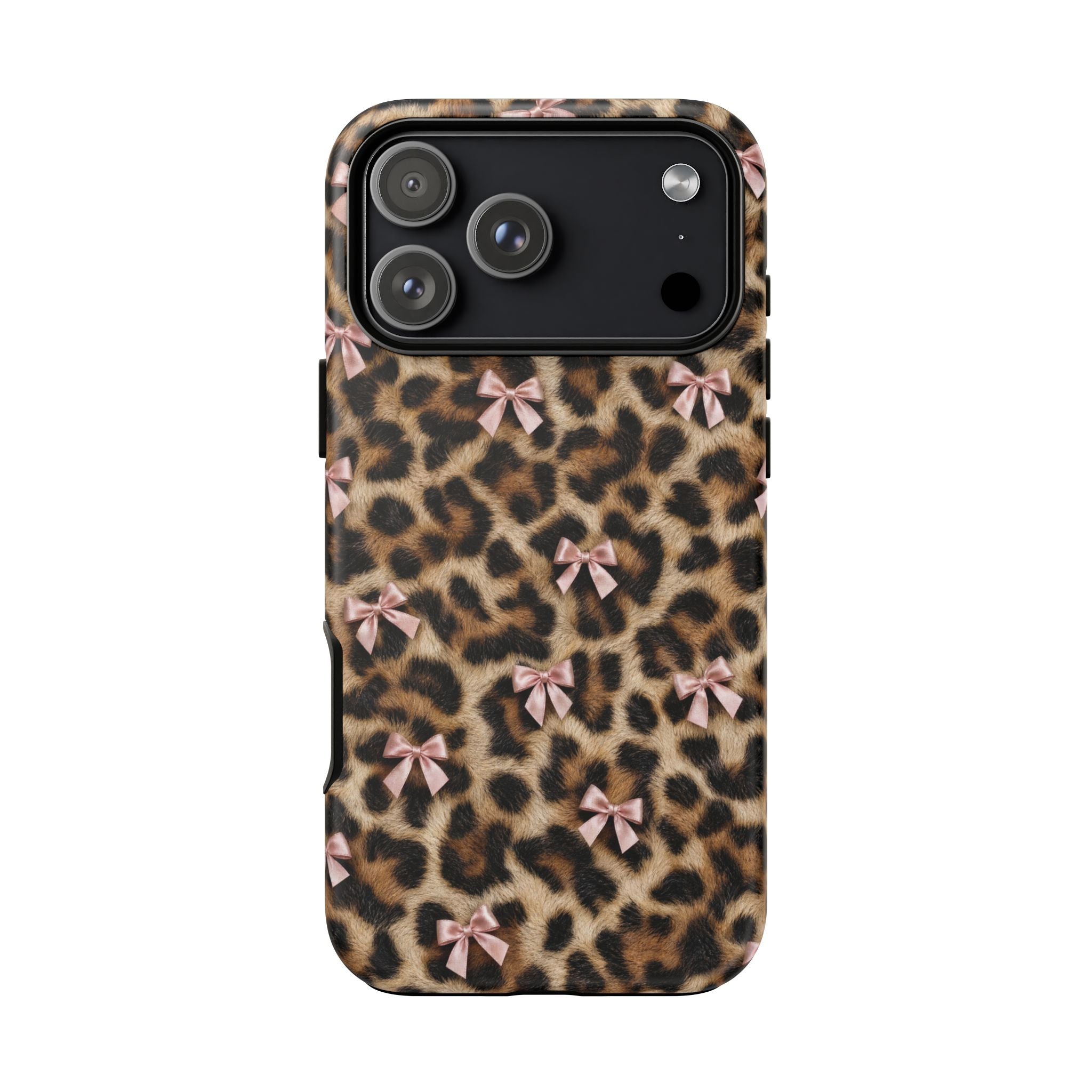 Leopard Print Bow Phone Case - Coquette Pink Ribbon Tough Case for iPhone and Samsung, Real Spot Animal Print