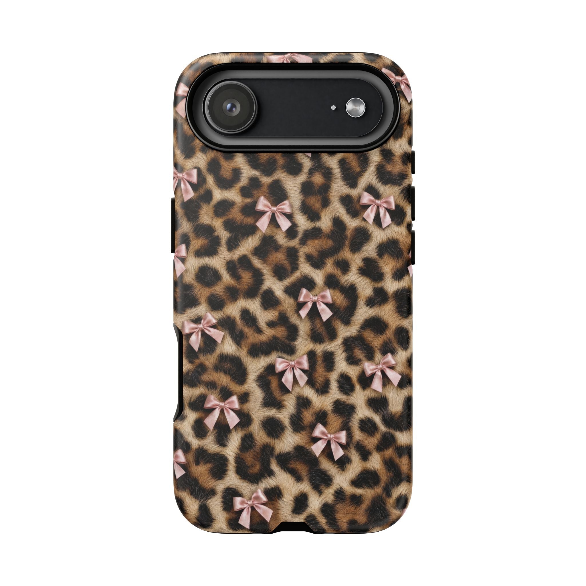 Leopard Print Bow Phone Case - Coquette Pink Ribbon Tough Case for iPhone and Samsung, Real Spot Animal Print