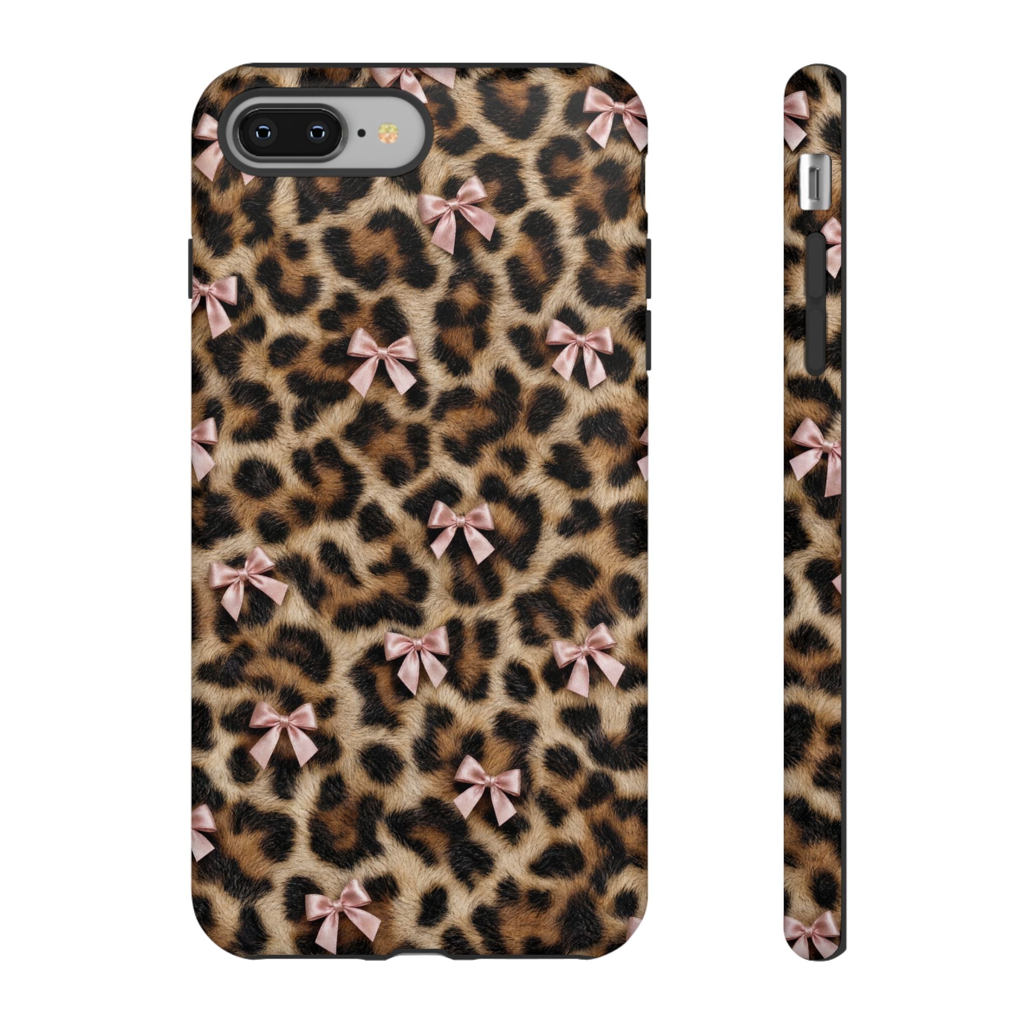 Leopard Print Bow Phone Case - Coquette Pink Ribbon Tough Case for iPhone and Samsung, Real Spot Animal Print
