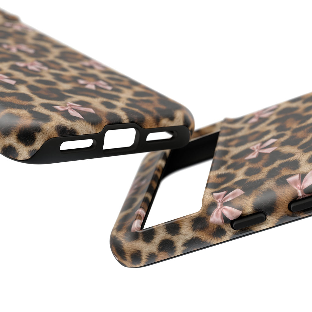Leopard Print Bow Phone Case - Coquette Pink Ribbon Tough Case for iPhone and Samsung, Real Spot Animal Print