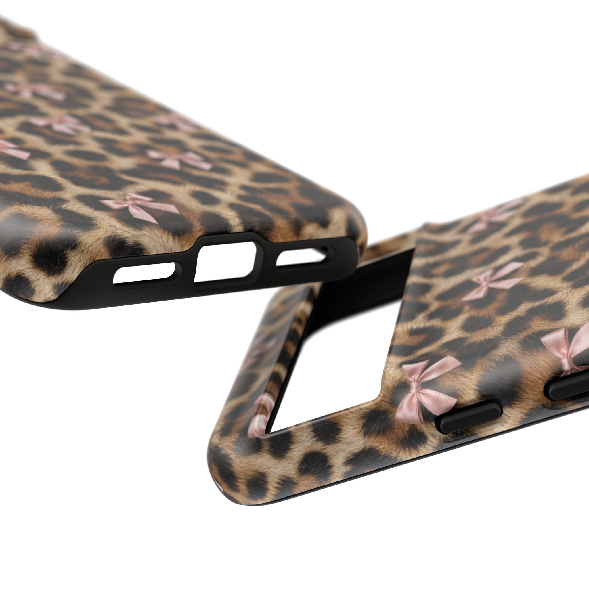 Leopard Print Bow Phone Case - Coquette Pink Ribbon Tough Case for iPhone and Samsung, Real Spot Animal Print