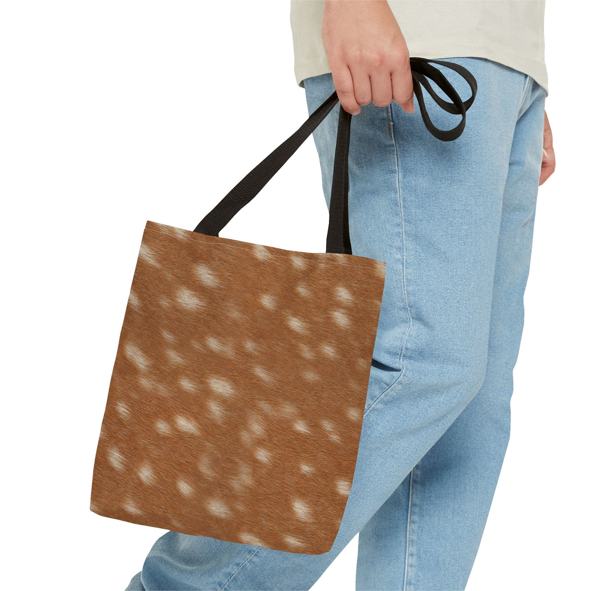 Fawn deer print canvas tote bag, spotted deer pattern in warm tan