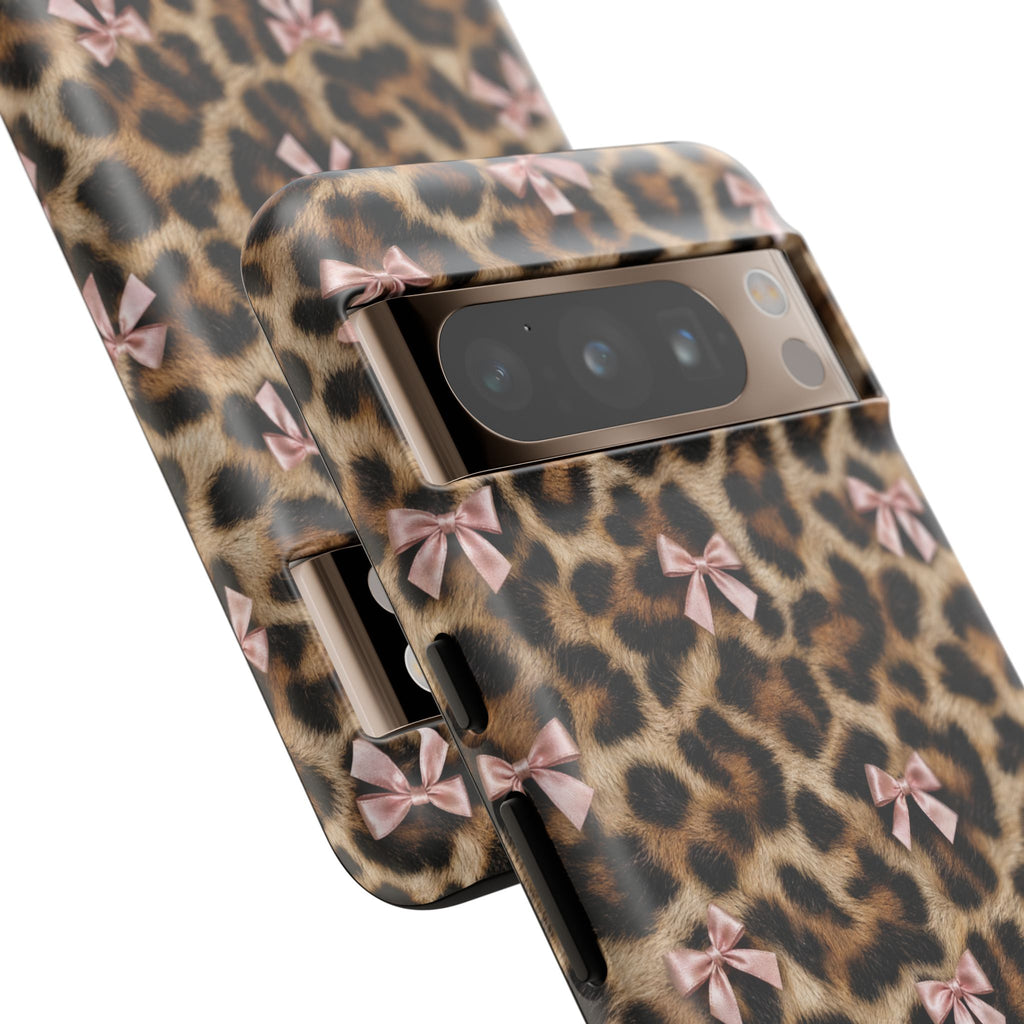 Leopard Print Bow Phone Case - Coquette Pink Ribbon Tough Case for iPhone and Samsung, Real Spot Animal Print
