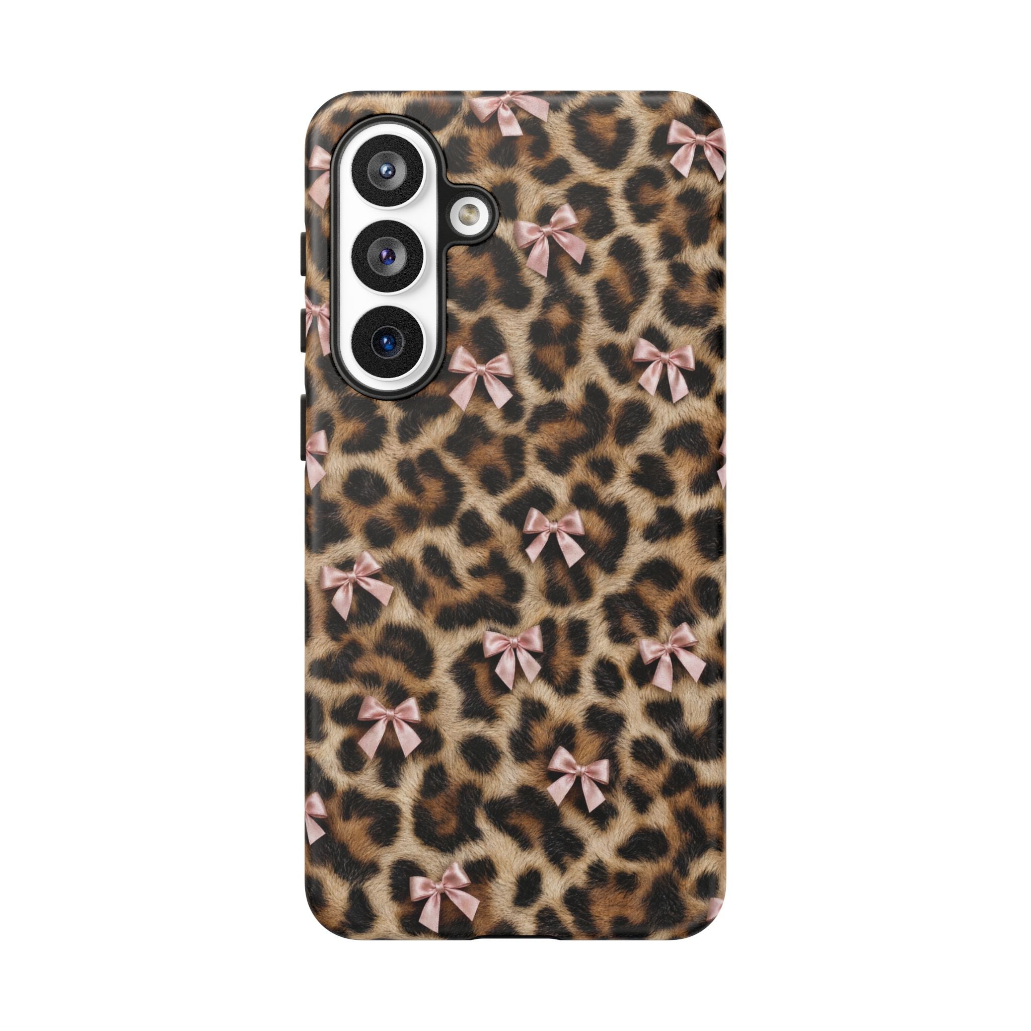 Leopard Print Bow Phone Case - Coquette Pink Ribbon Tough Case for iPhone and Samsung, Real Spot Animal Print