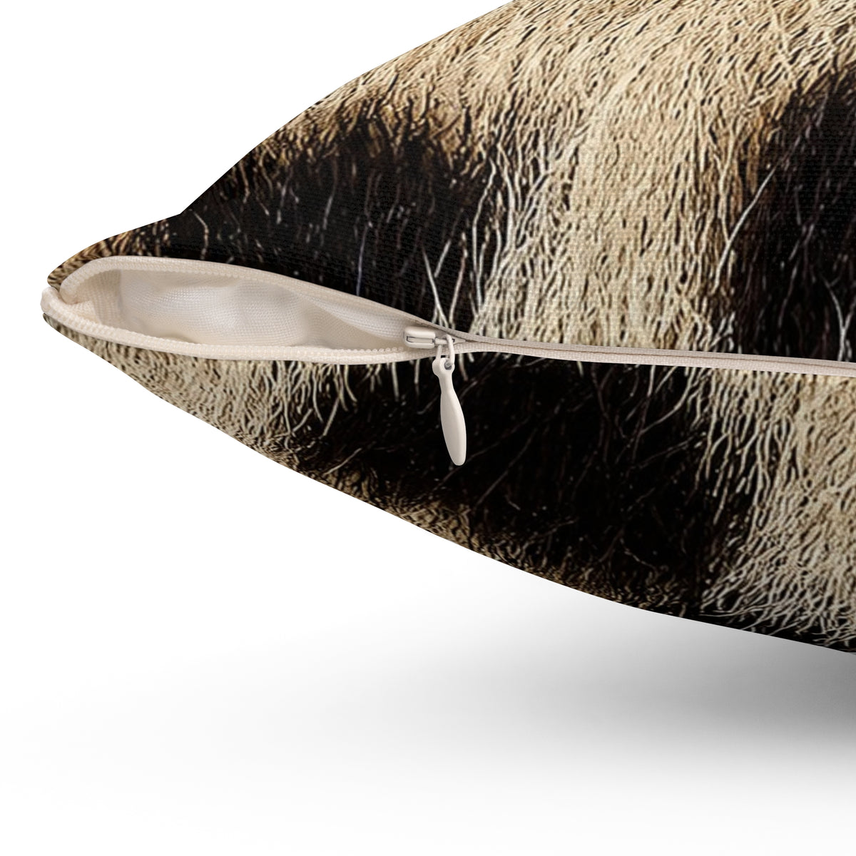 Cream leopard print cushion detail — individual hair strands and irregular rosettes