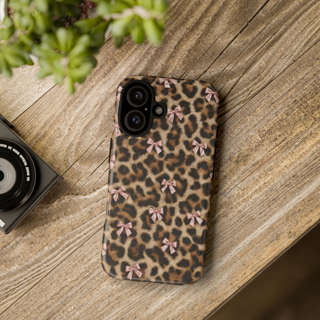 Leopard Print Bow Phone Case - Coquette Pink Ribbon Tough Case for iPhone and Samsung, Real Spot Animal Print