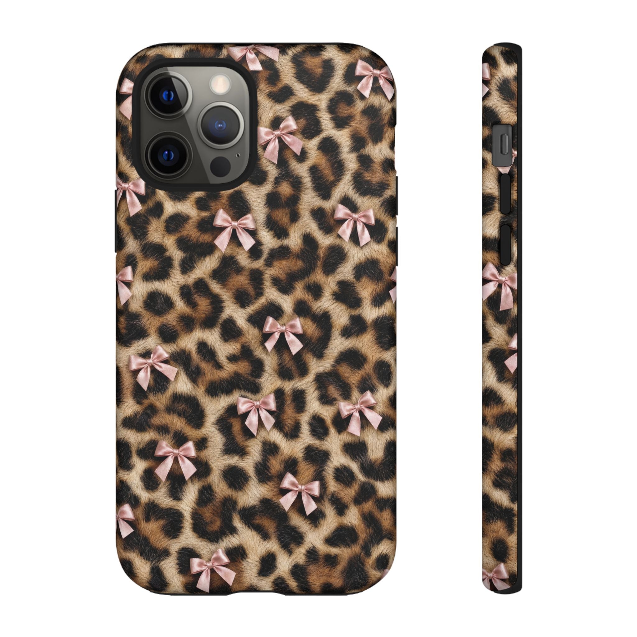 Leopard Print Bow Phone Case - Coquette Pink Ribbon Tough Case for iPhone and Samsung, Real Spot Animal Print