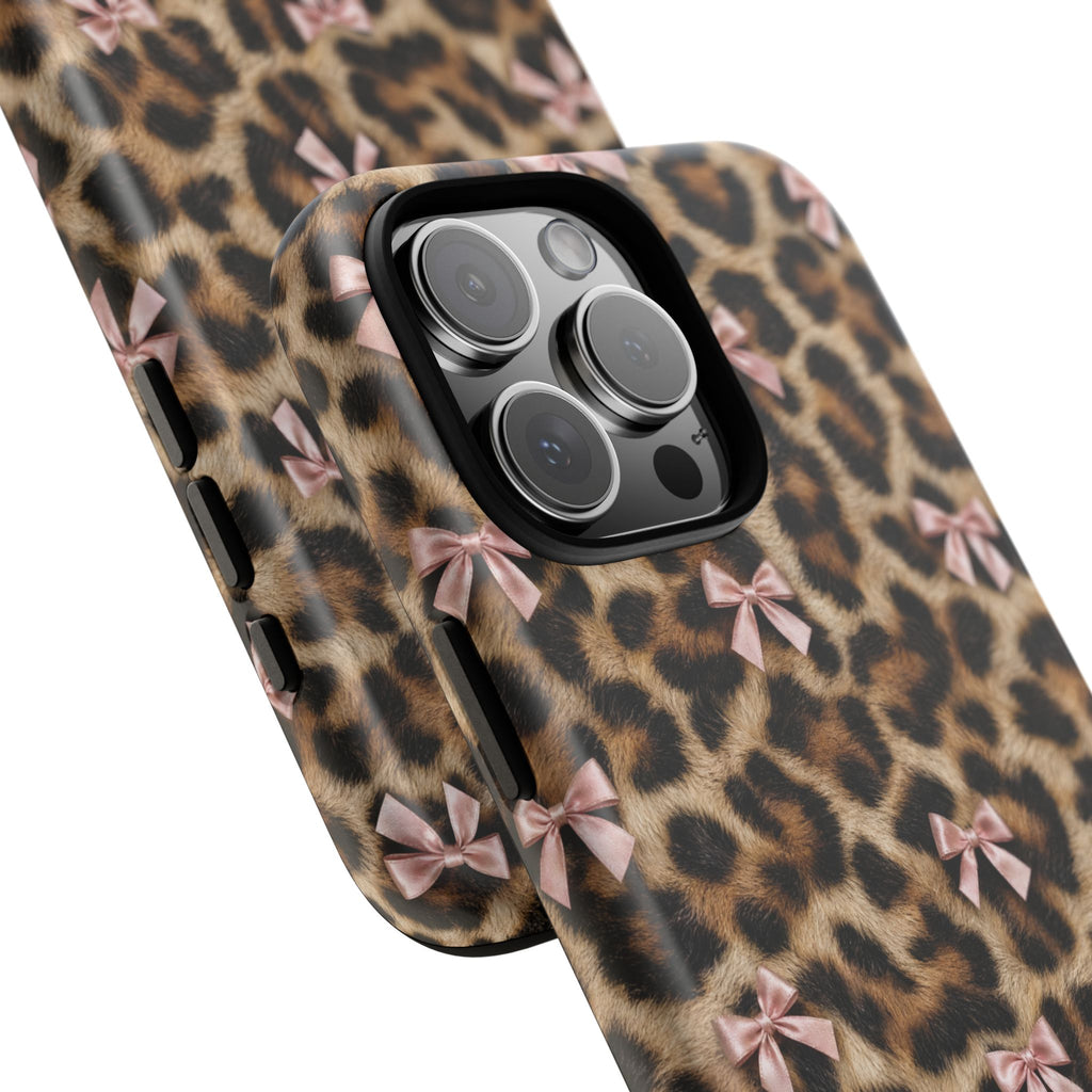 Leopard Print Bow Phone Case - Coquette Pink Ribbon Tough Case for iPhone and Samsung, Real Spot Animal Print