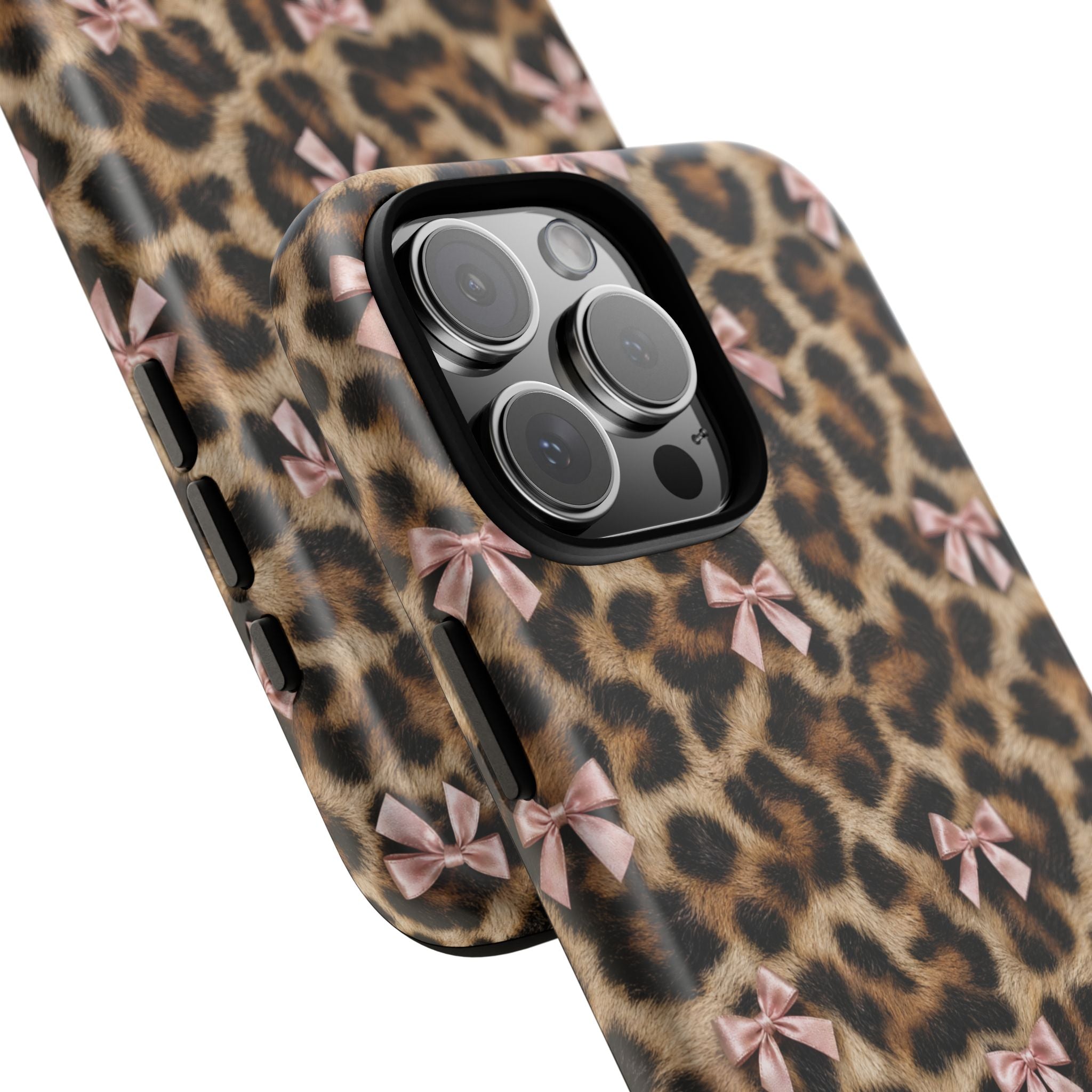 Leopard Print Bow Phone Case - Coquette Pink Ribbon Tough Case for iPhone and Samsung, Real Spot Animal Print