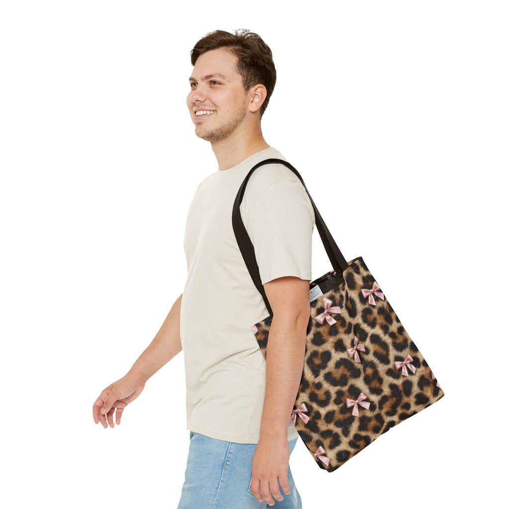 Leopard Print Bow Tote Bag - Coquette Pink Ribbon Canvas Tote, Real Spot Animal Print Shoulder Bag, 3 Sizes