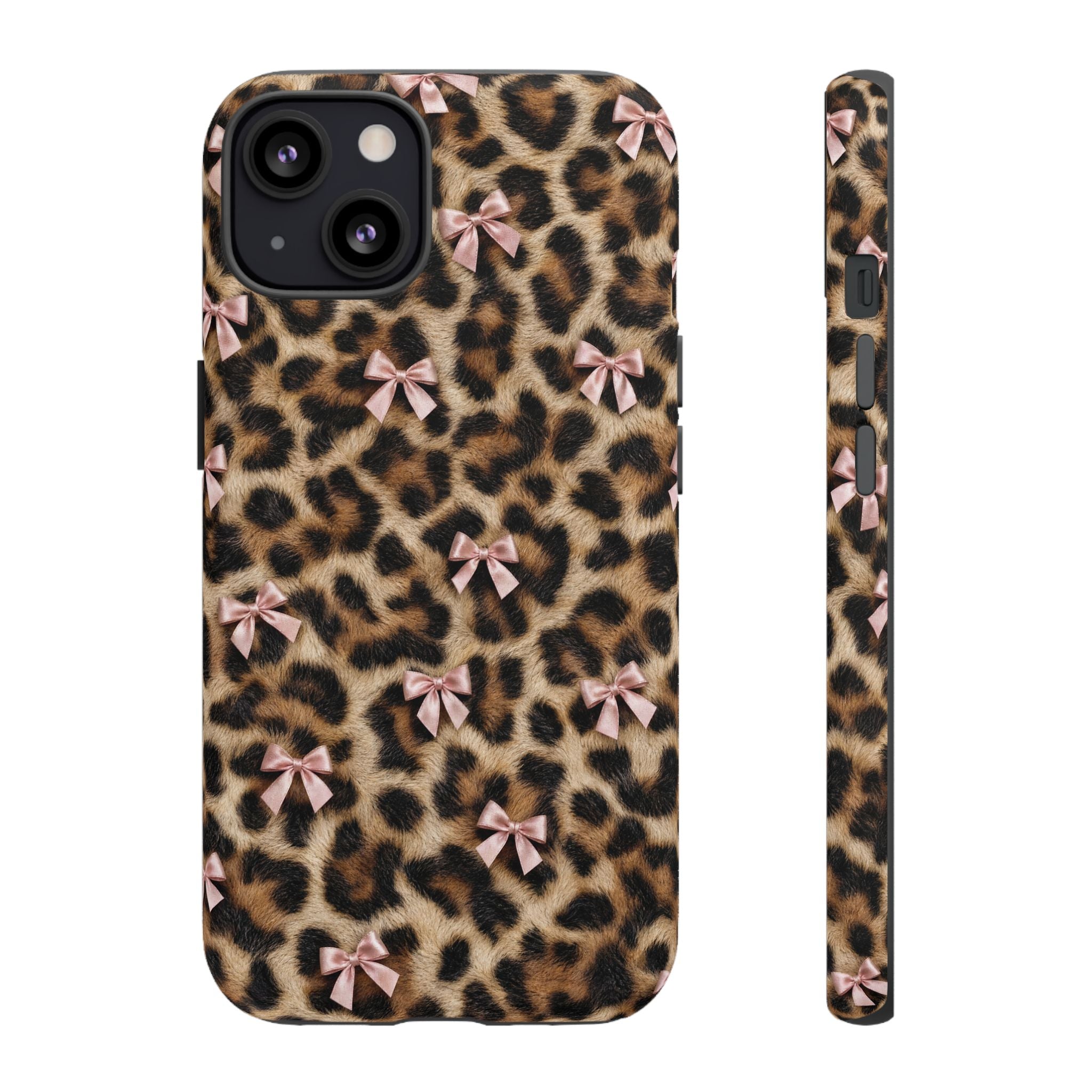 Leopard Print Bow Phone Case - Coquette Pink Ribbon Tough Case for iPhone and Samsung, Real Spot Animal Print