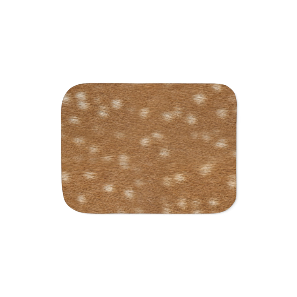 Fawn deer print sherpa blanket in warm russet tan with creamy dapples