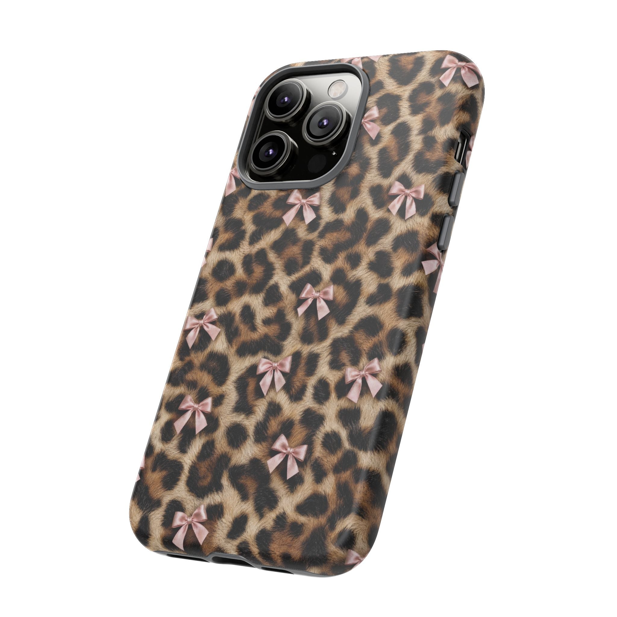 Leopard Print Bow Phone Case - Coquette Pink Ribbon Tough Case for iPhone and Samsung, Real Spot Animal Print
