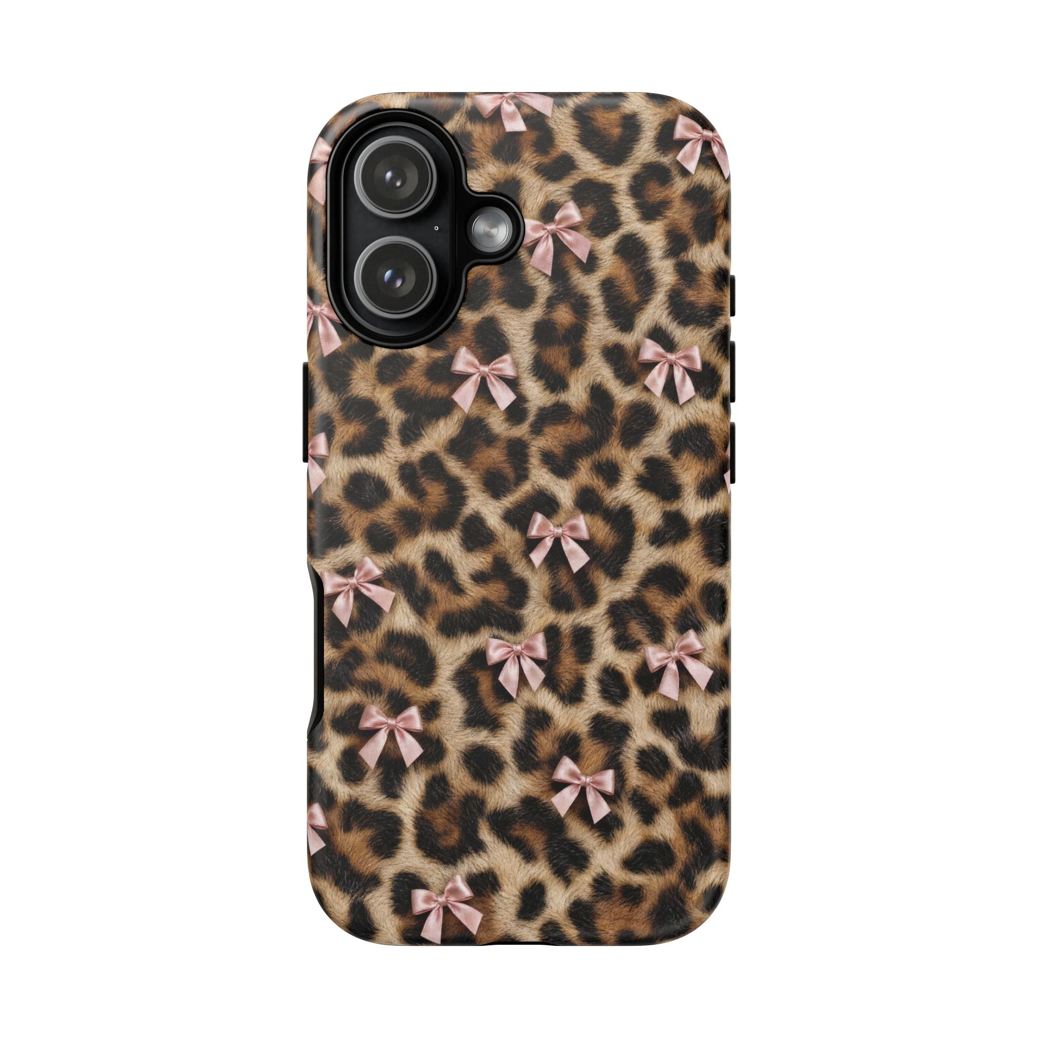 Leopard Print Bow Phone Case - Coquette Pink Ribbon Tough Case for iPhone and Samsung, Real Spot Animal Print