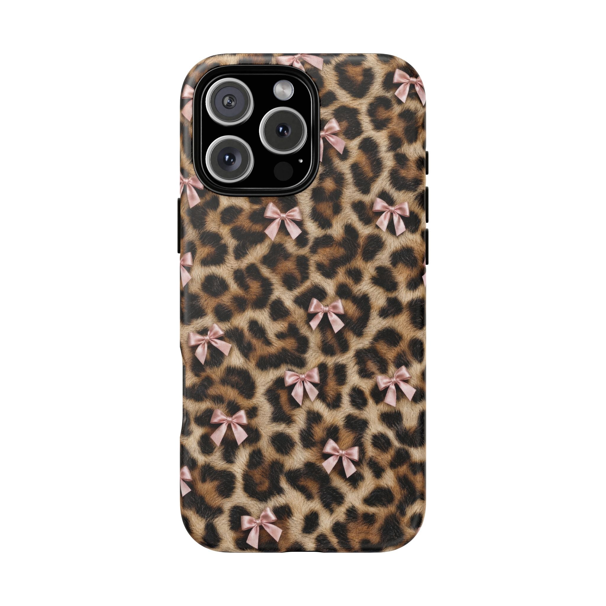 Leopard Print Bow Phone Case - Coquette Pink Ribbon Tough Case for iPhone and Samsung, Real Spot Animal Print
