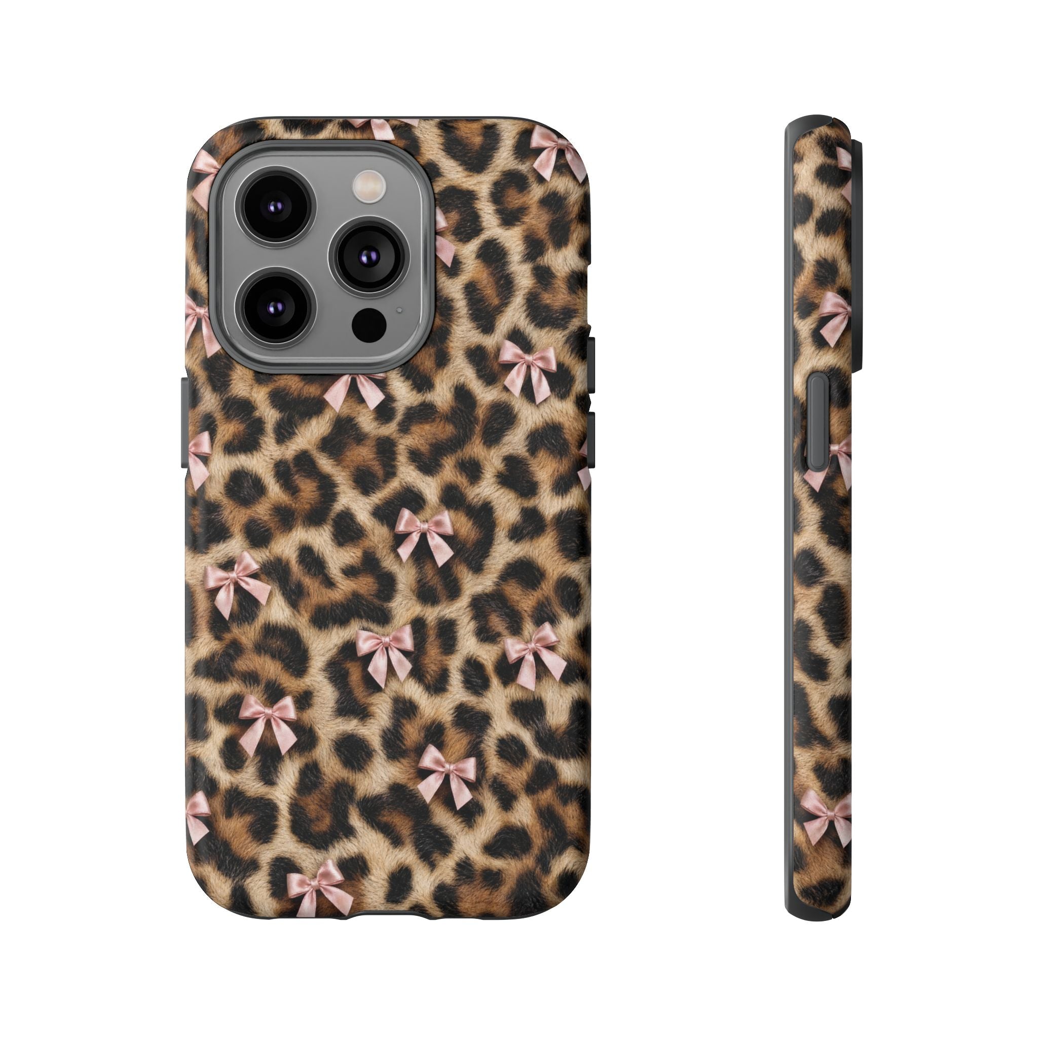 Leopard Print Bow Phone Case - Coquette Pink Ribbon Tough Case for iPhone and Samsung, Real Spot Animal Print