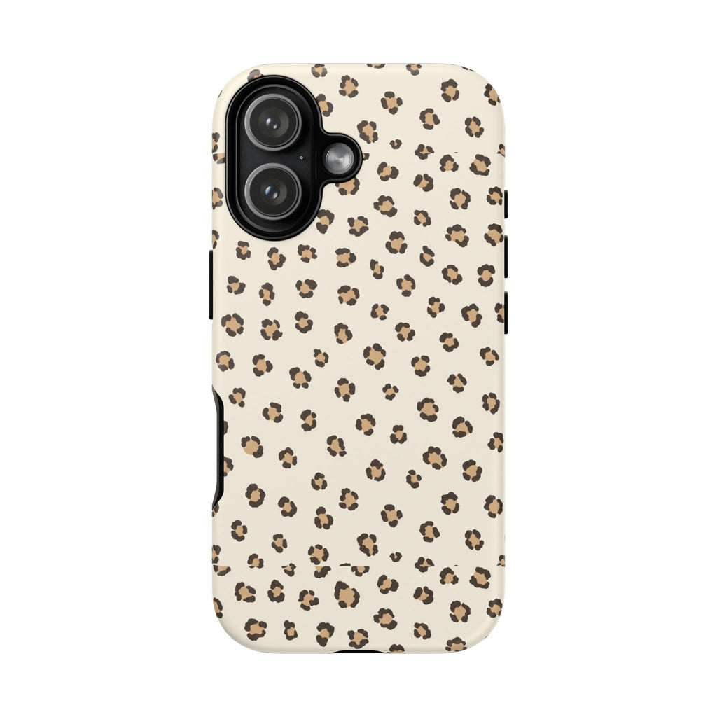 Warm neutral cheetah print phone case in tan and cream, shown on iPhone 17