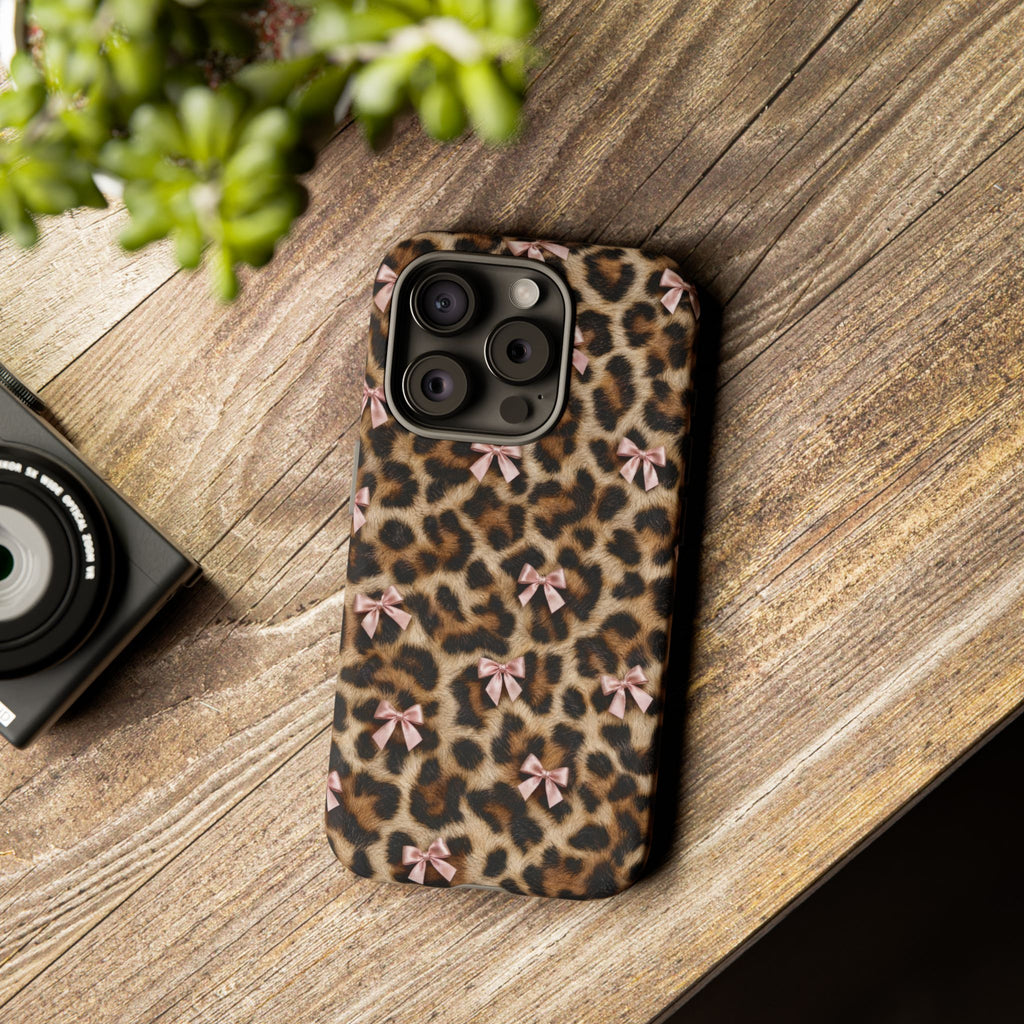 Leopard Print Bow Phone Case - Coquette Pink Ribbon Tough Case for iPhone and Samsung, Real Spot Animal Print
