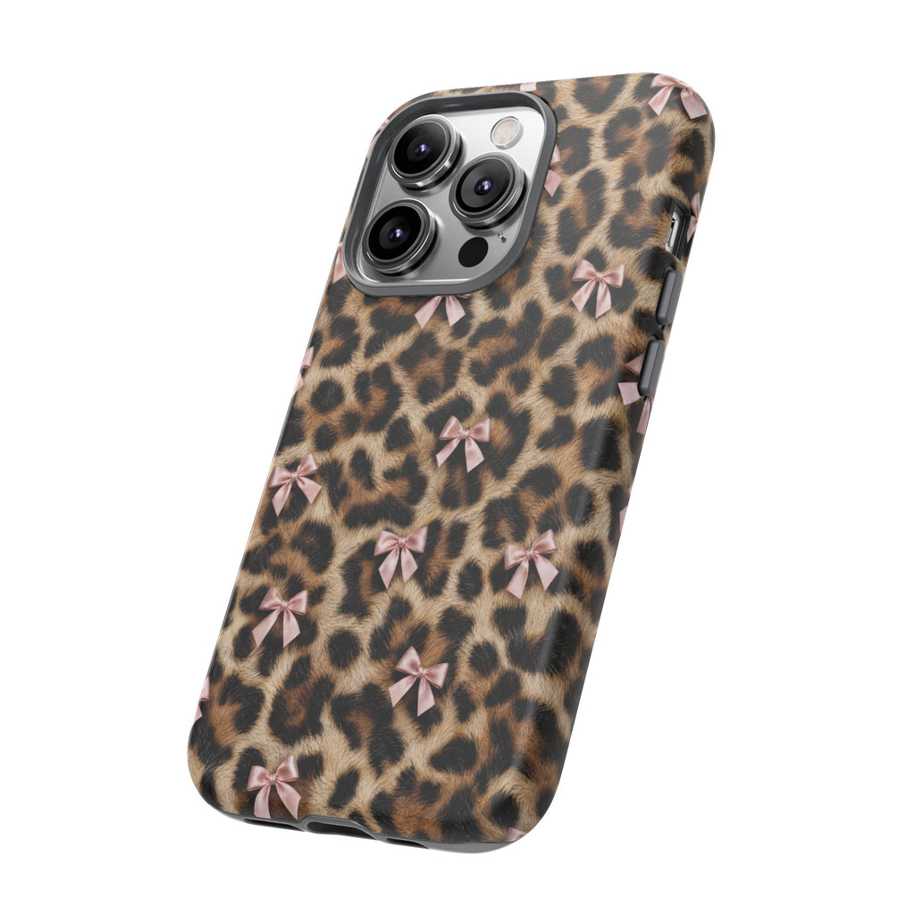 Leopard Print Bow Phone Case - Coquette Pink Ribbon Tough Case for iPhone and Samsung, Real Spot Animal Print