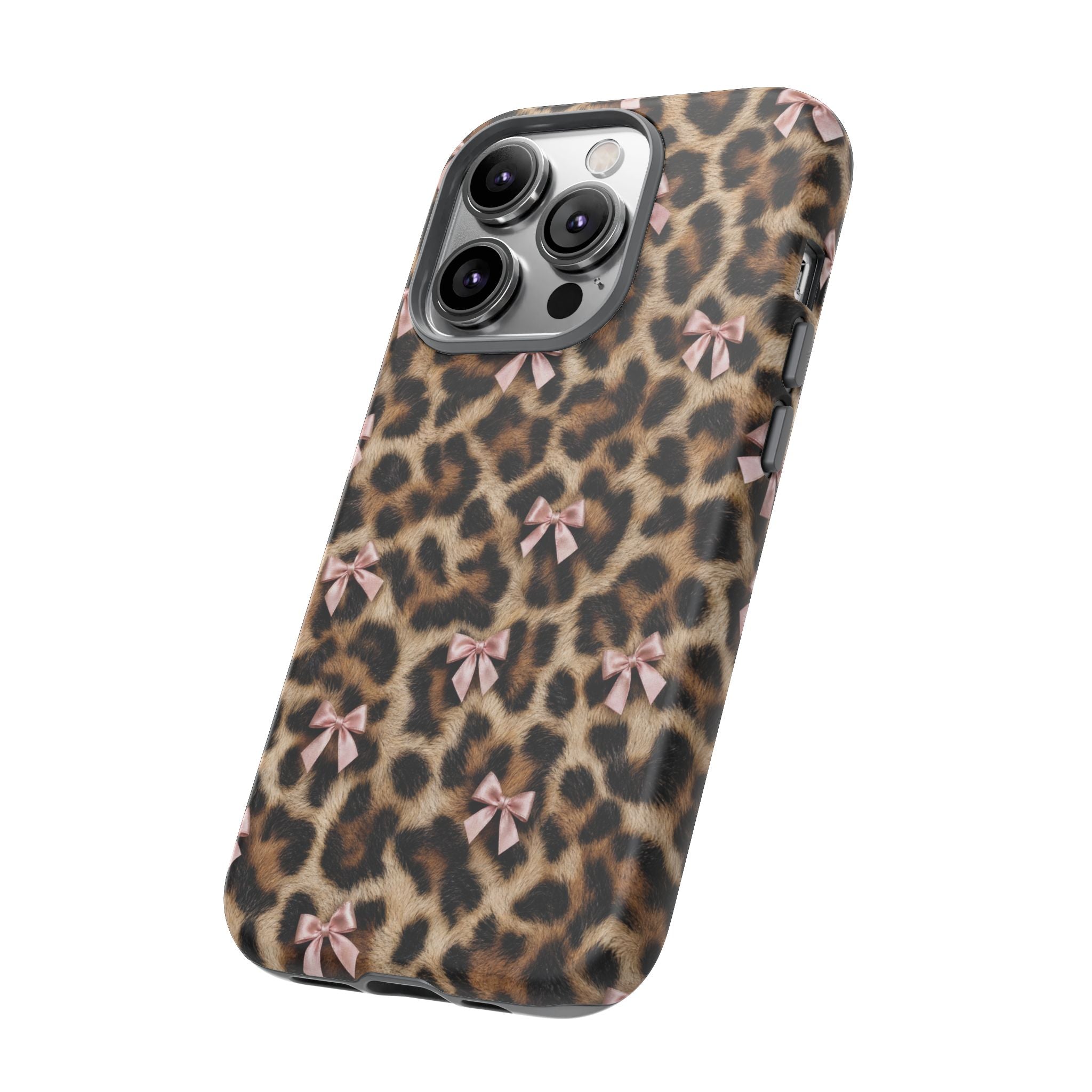 Leopard Print Bow Phone Case - Coquette Pink Ribbon Tough Case for iPhone and Samsung, Real Spot Animal Print