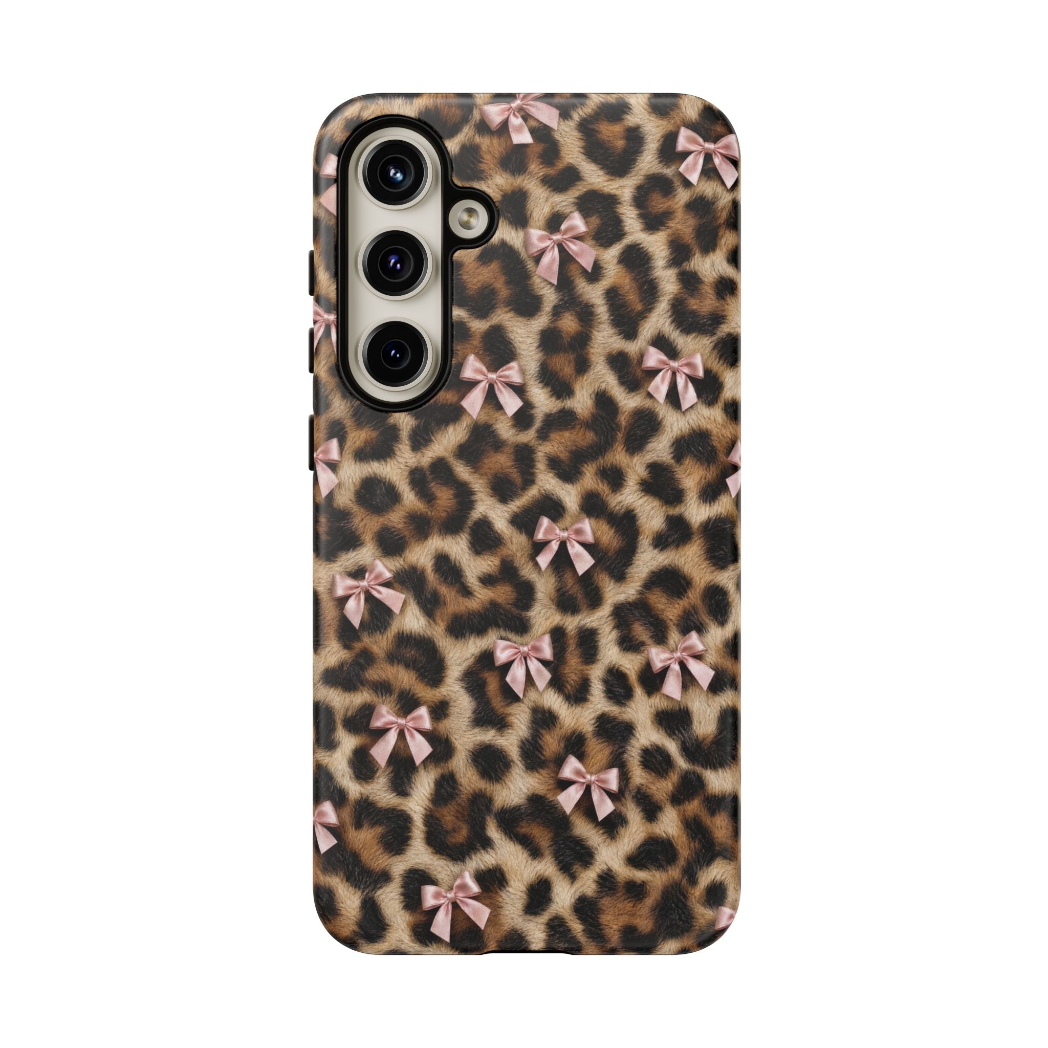 Leopard Print Bow Phone Case - Coquette Pink Ribbon Tough Case for iPhone and Samsung, Real Spot Animal Print