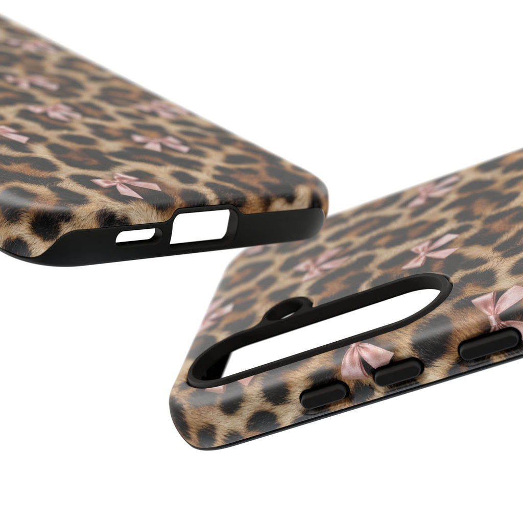 Leopard Print Bow Phone Case - Coquette Pink Ribbon Tough Case for iPhone and Samsung, Real Spot Animal Print