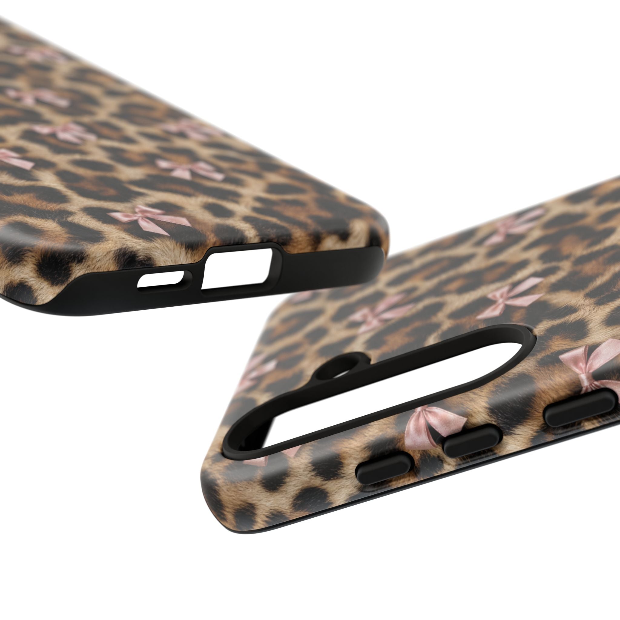 Leopard Print Bow Phone Case - Coquette Pink Ribbon Tough Case for iPhone and Samsung, Real Spot Animal Print