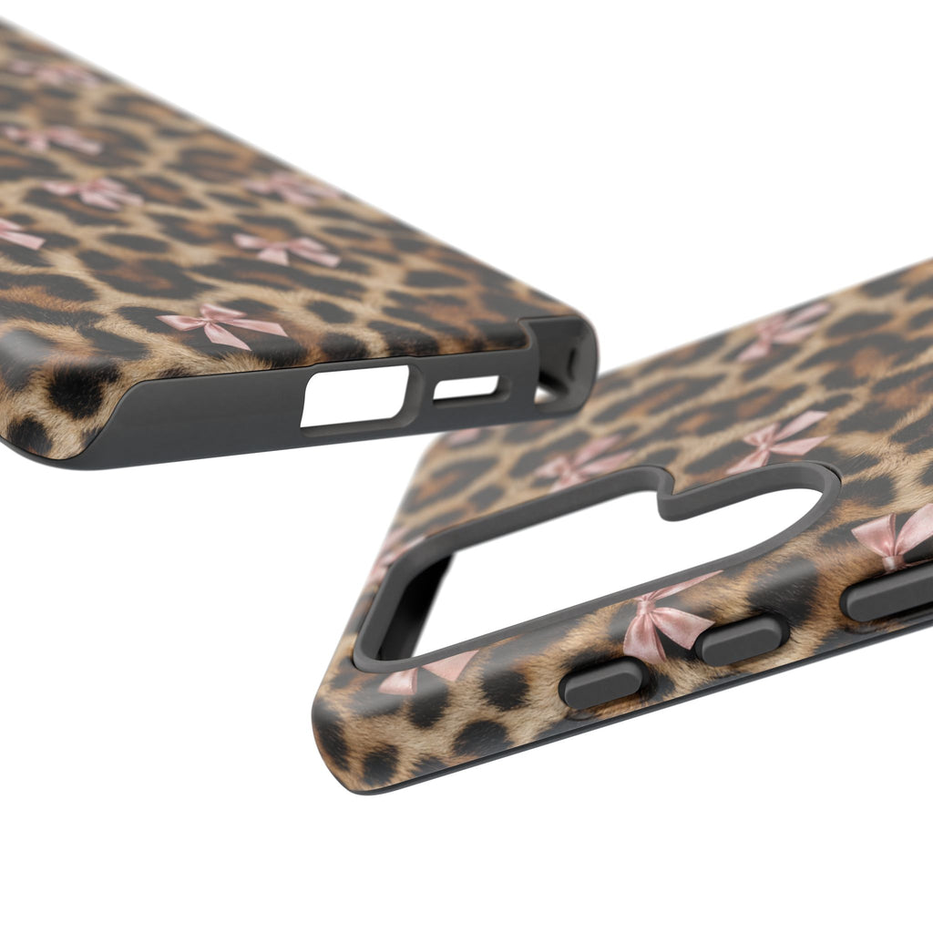 Leopard Print Bow Phone Case - Coquette Pink Ribbon Tough Case for iPhone and Samsung, Real Spot Animal Print