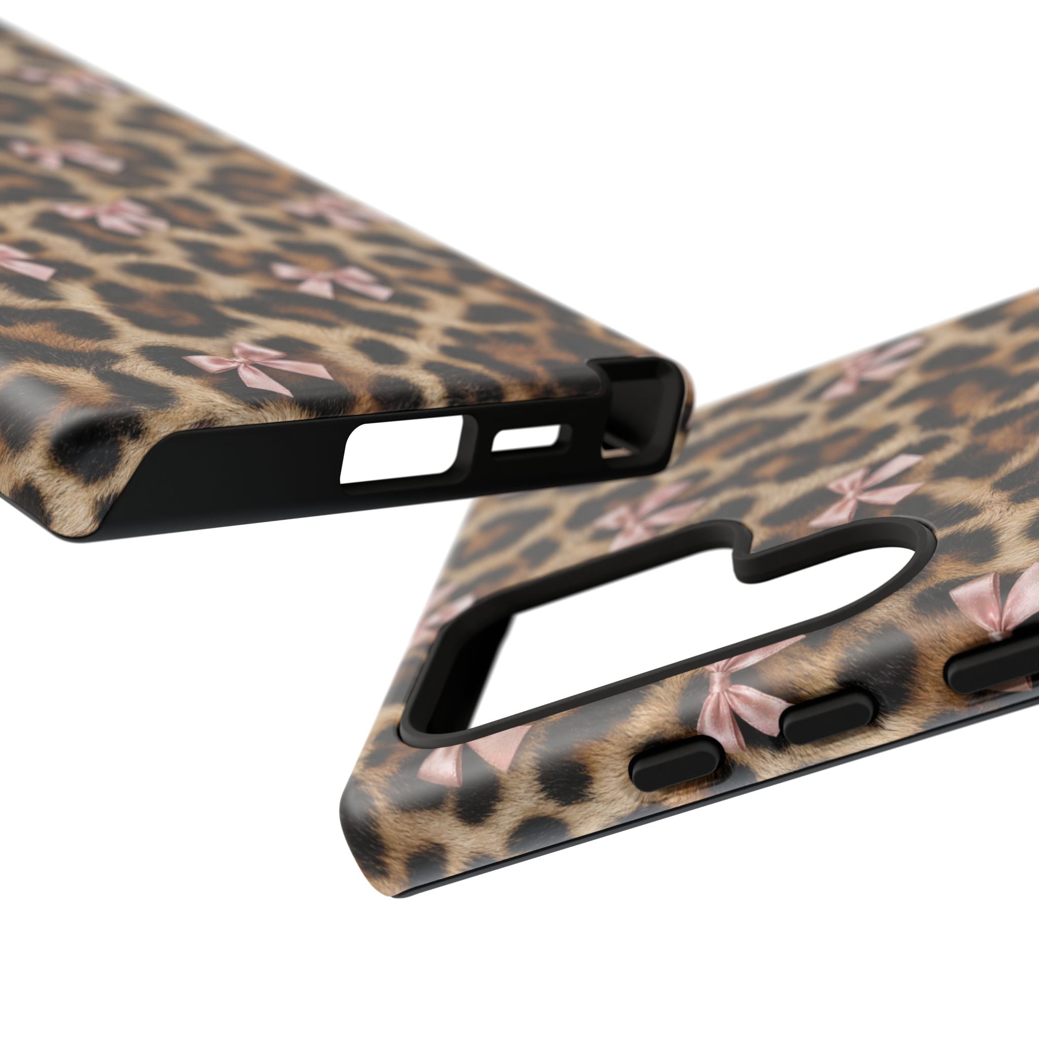 Leopard Print Bow Phone Case - Coquette Pink Ribbon Tough Case for iPhone and Samsung, Real Spot Animal Print