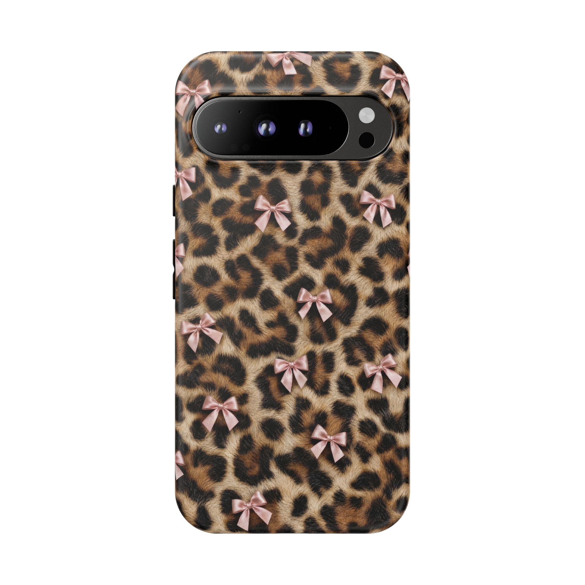 Leopard Print Bow Phone Case - Coquette Pink Ribbon Tough Case for iPhone and Samsung, Real Spot Animal Print