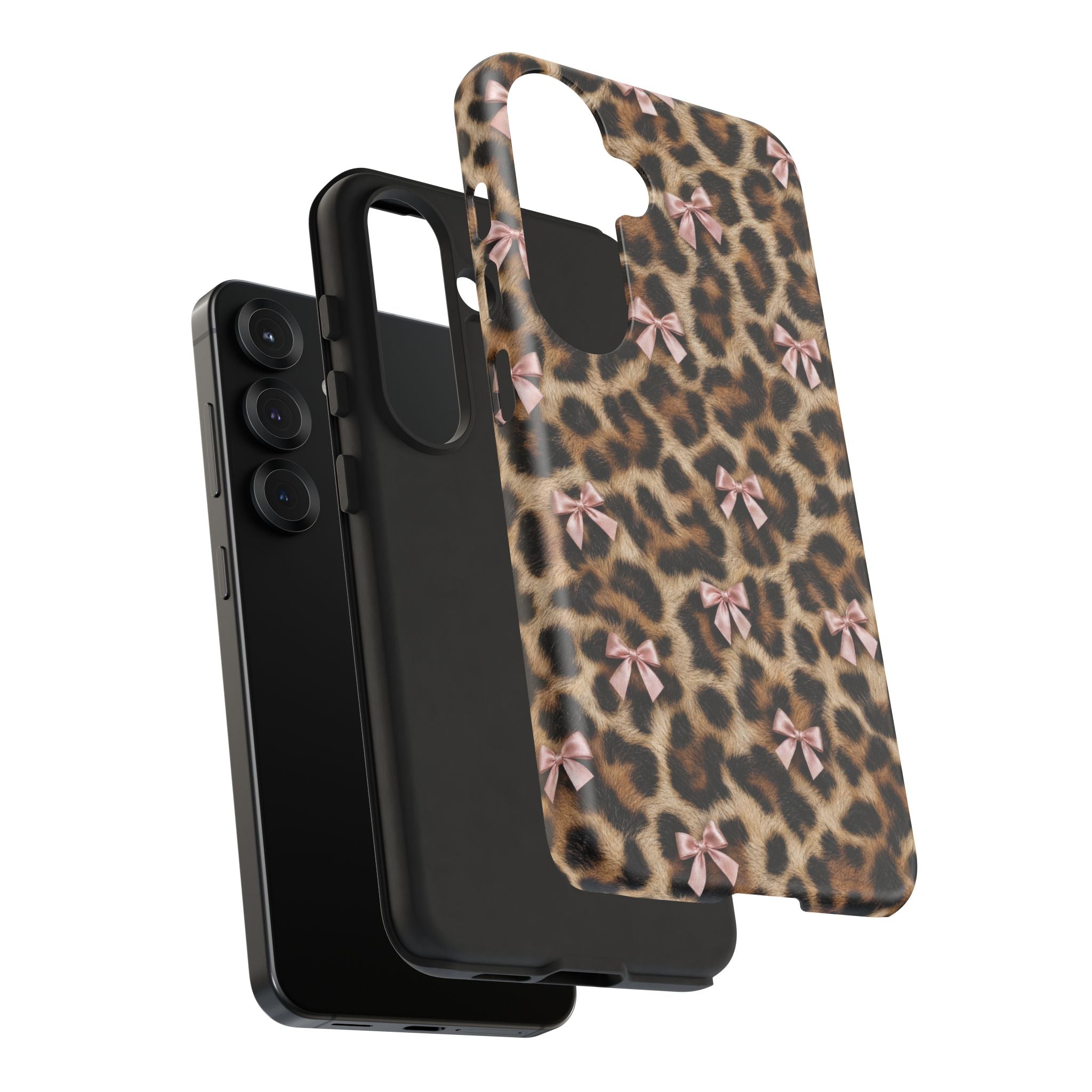 Leopard Print Bow Phone Case - Coquette Pink Ribbon Tough Case for iPhone and Samsung, Real Spot Animal Print