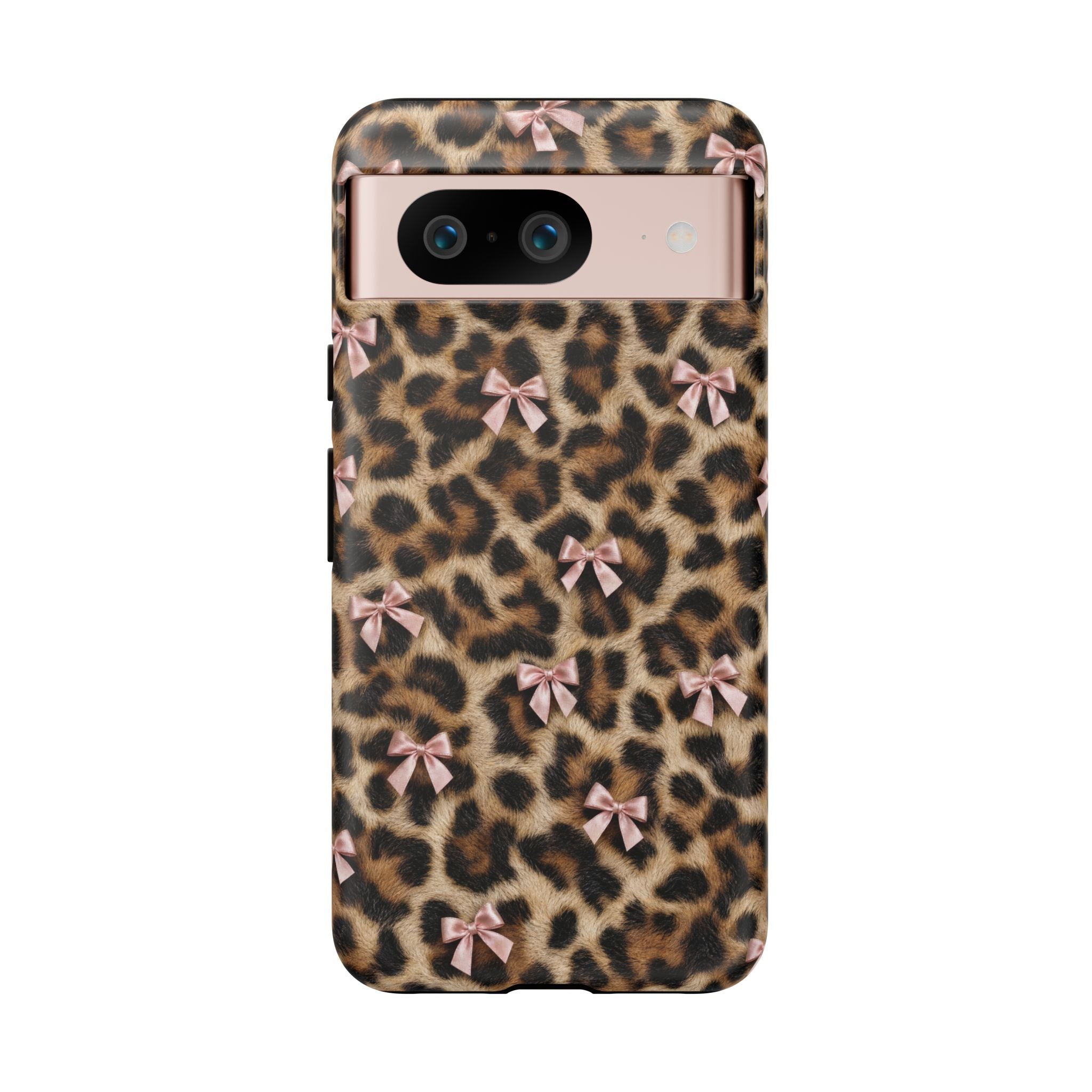 Leopard Print Bow Phone Case - Coquette Pink Ribbon Tough Case for iPhone and Samsung, Real Spot Animal Print