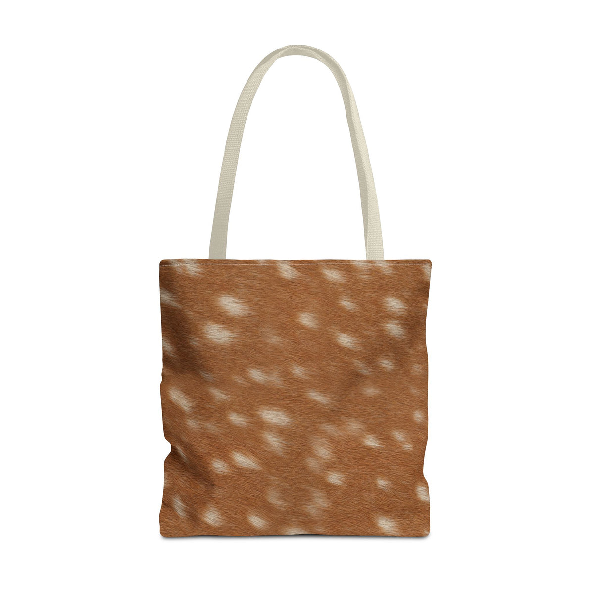Fawn deer print tote bag detail — creamy white dapples on tan canvas