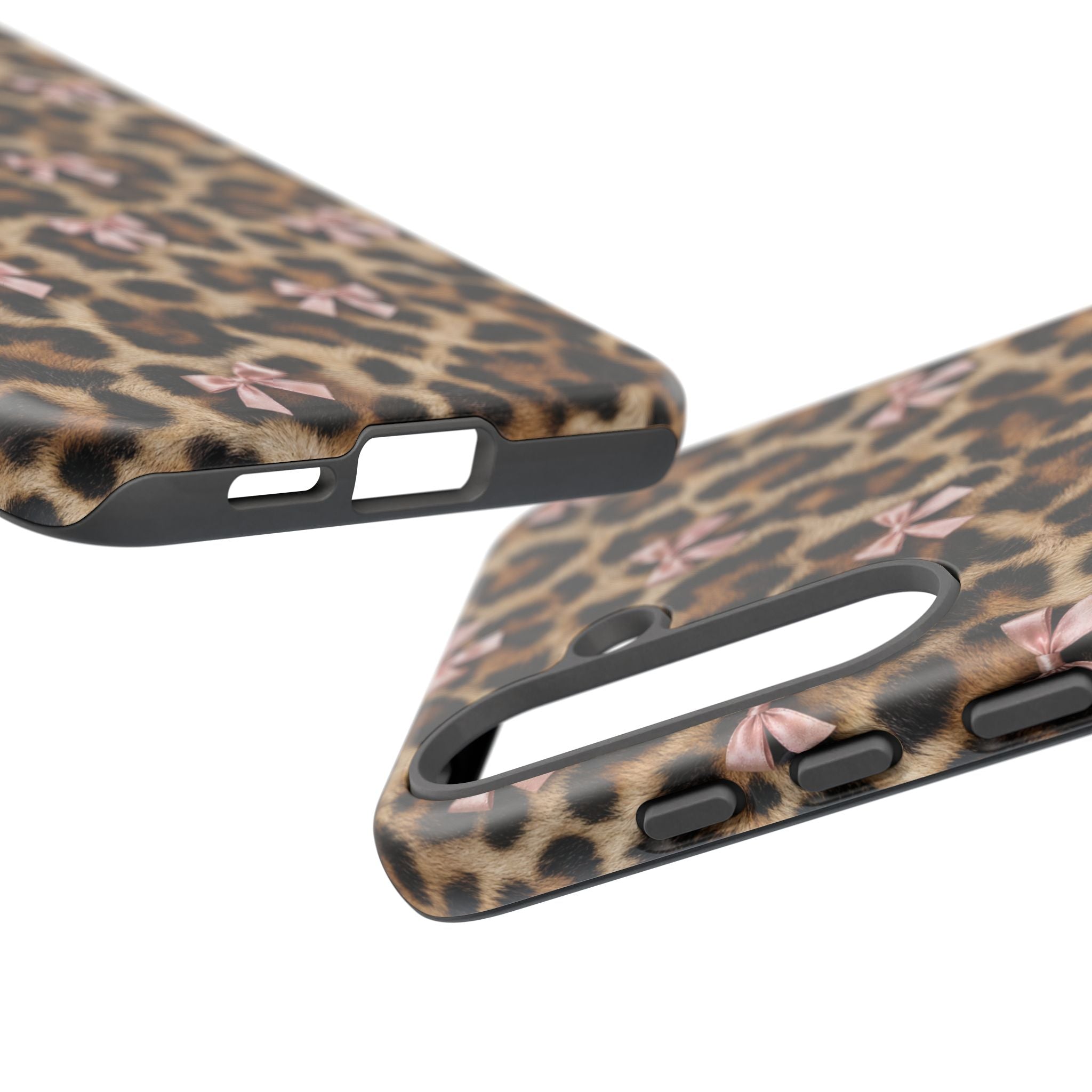 Leopard Print Bow Phone Case - Coquette Pink Ribbon Tough Case for iPhone and Samsung, Real Spot Animal Print