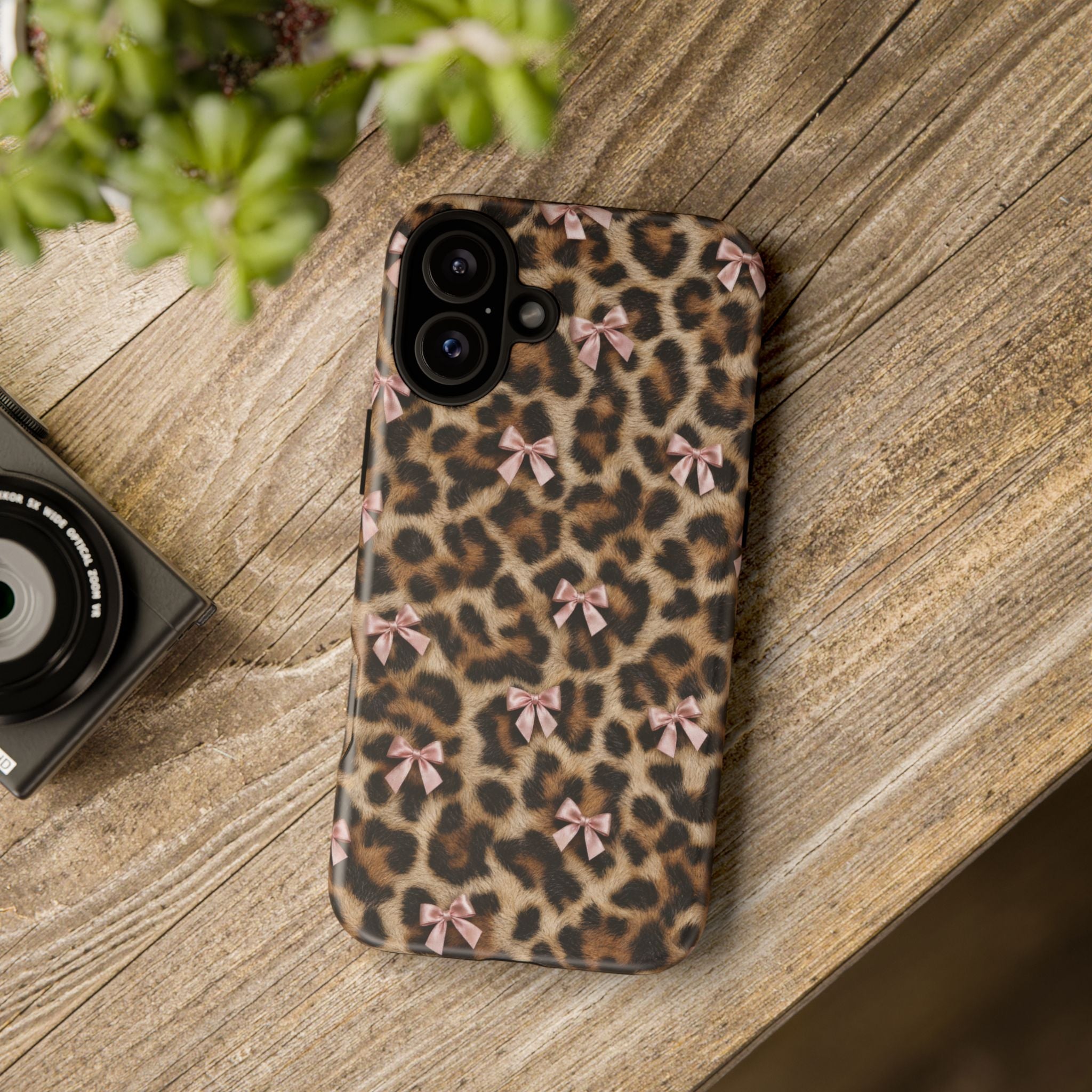 Leopard Print Bow Phone Case - Coquette Pink Ribbon Tough Case for iPhone and Samsung, Real Spot Animal Print